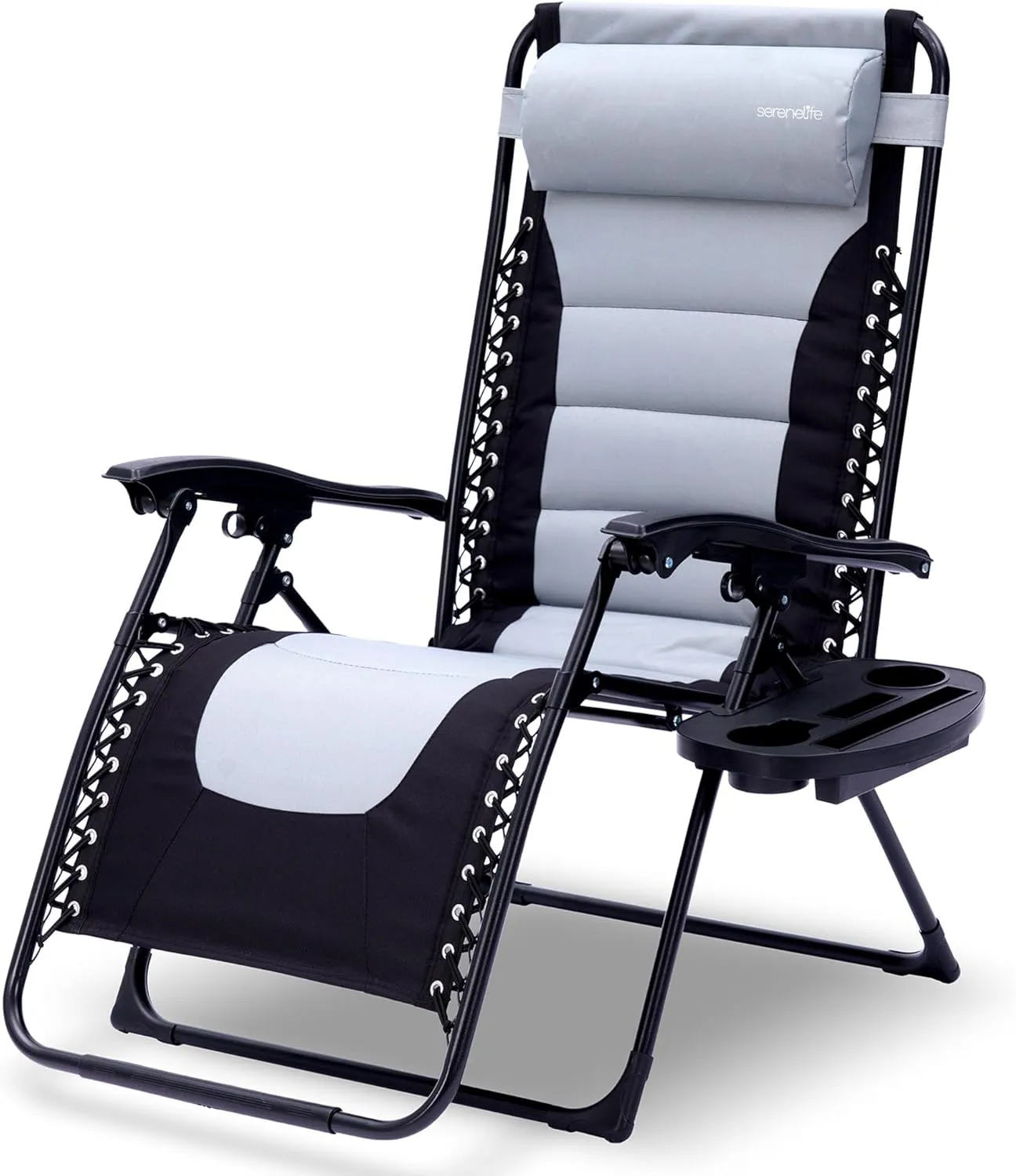 SereneLife Outdoor Padded Zero Gravity Lawn Chair – Adjustable Recliner with Lock, Pillow, Foldable Frame & Detachable Cup Holder Table – Gray & Black Folding Lawn Chair for Camping or Patio