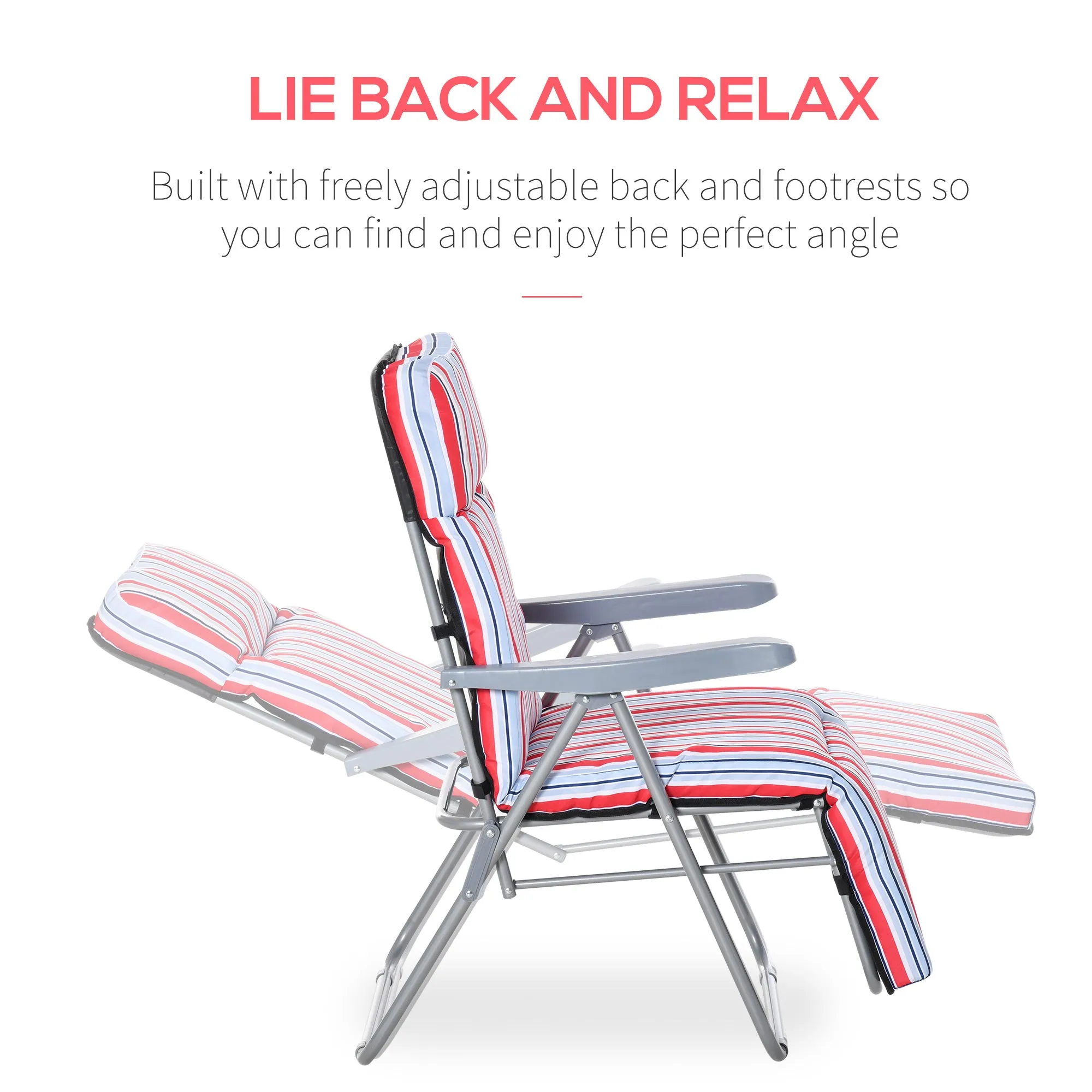 Set of 2 Garden Sun Lounger, Outdoor Reclining Seat Cushioned Seat, Foldable Adjustable Recliner, Grey and Red