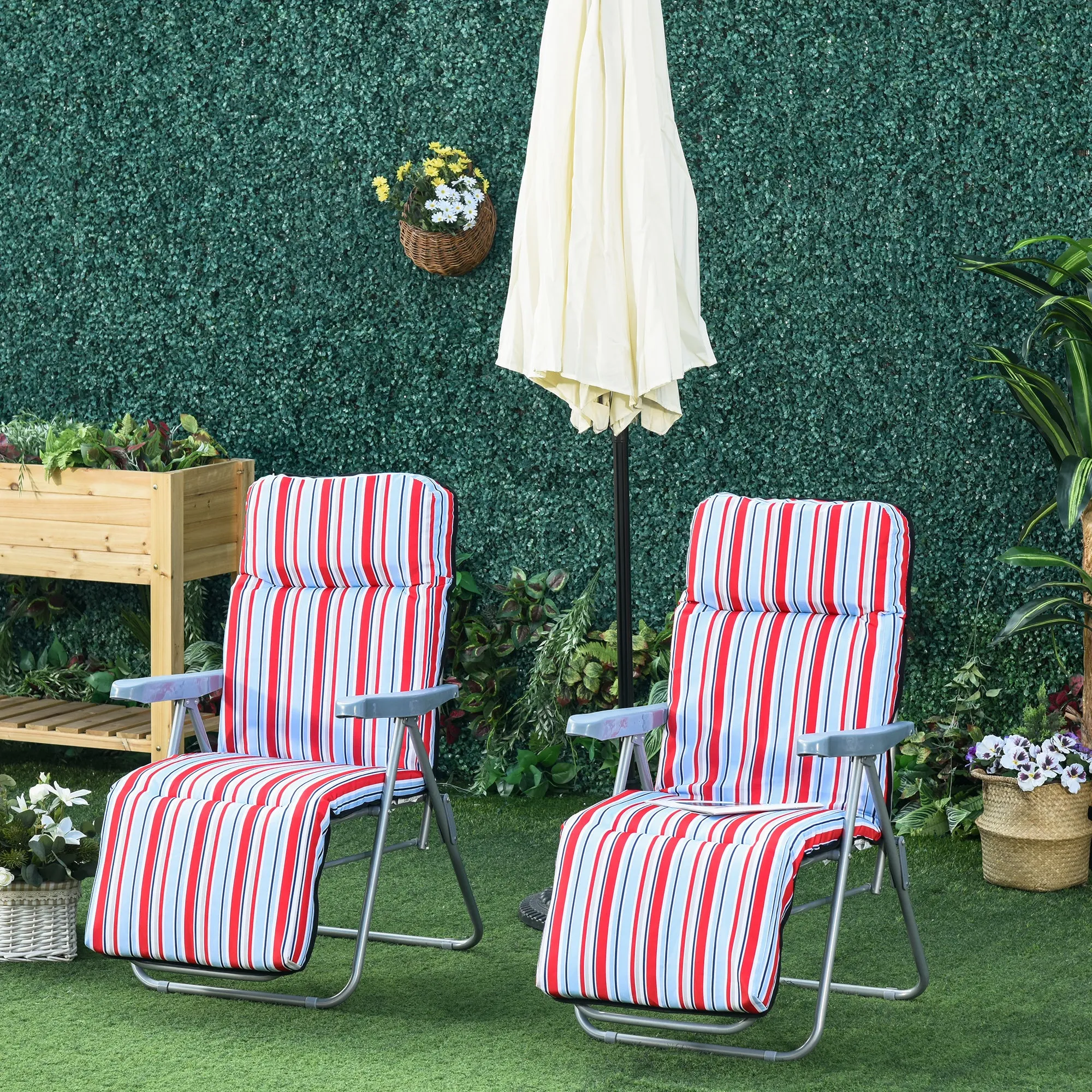 Set of 2 Garden Sun Lounger, Outdoor Reclining Seat Cushioned Seat, Foldable Adjustable Recliner, Grey and Red