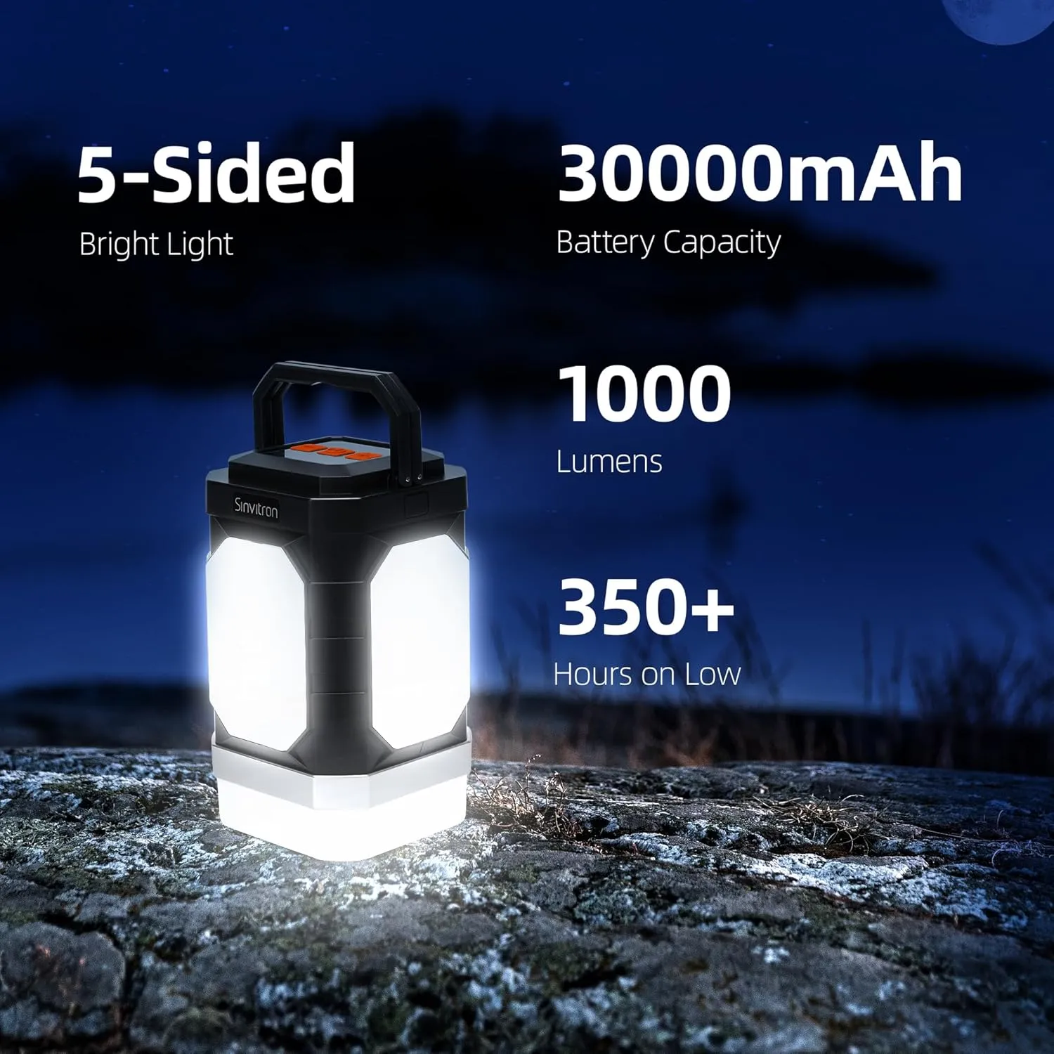 Sinvitron LED Camping Lantern Rechargeable – 30,000mAh Portable Camping Lights, QC3.0 Fast Charging, 1000 Lumens, 350H Runtime, IPX5 Waterproof Emergency Light for Hurricanes, Power Outages, Camping