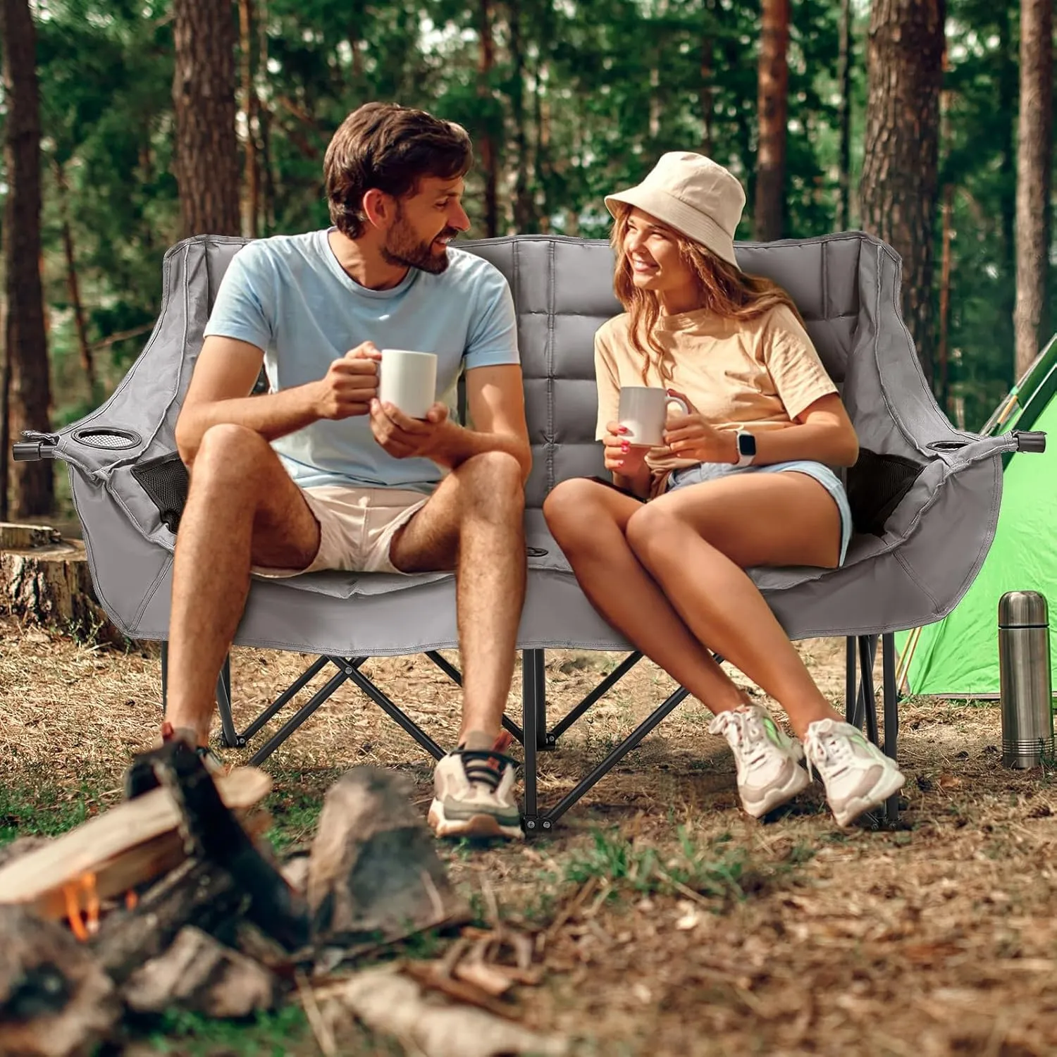 Slsy Oversized Double Camping Chair, Folding 2 Person Camping Chair Loveseat, Fully Padded Duo Chair Camping Couch, Fold Up Double Camp Chair, Lawn Chairs, Camping Bench with Carrying Bag