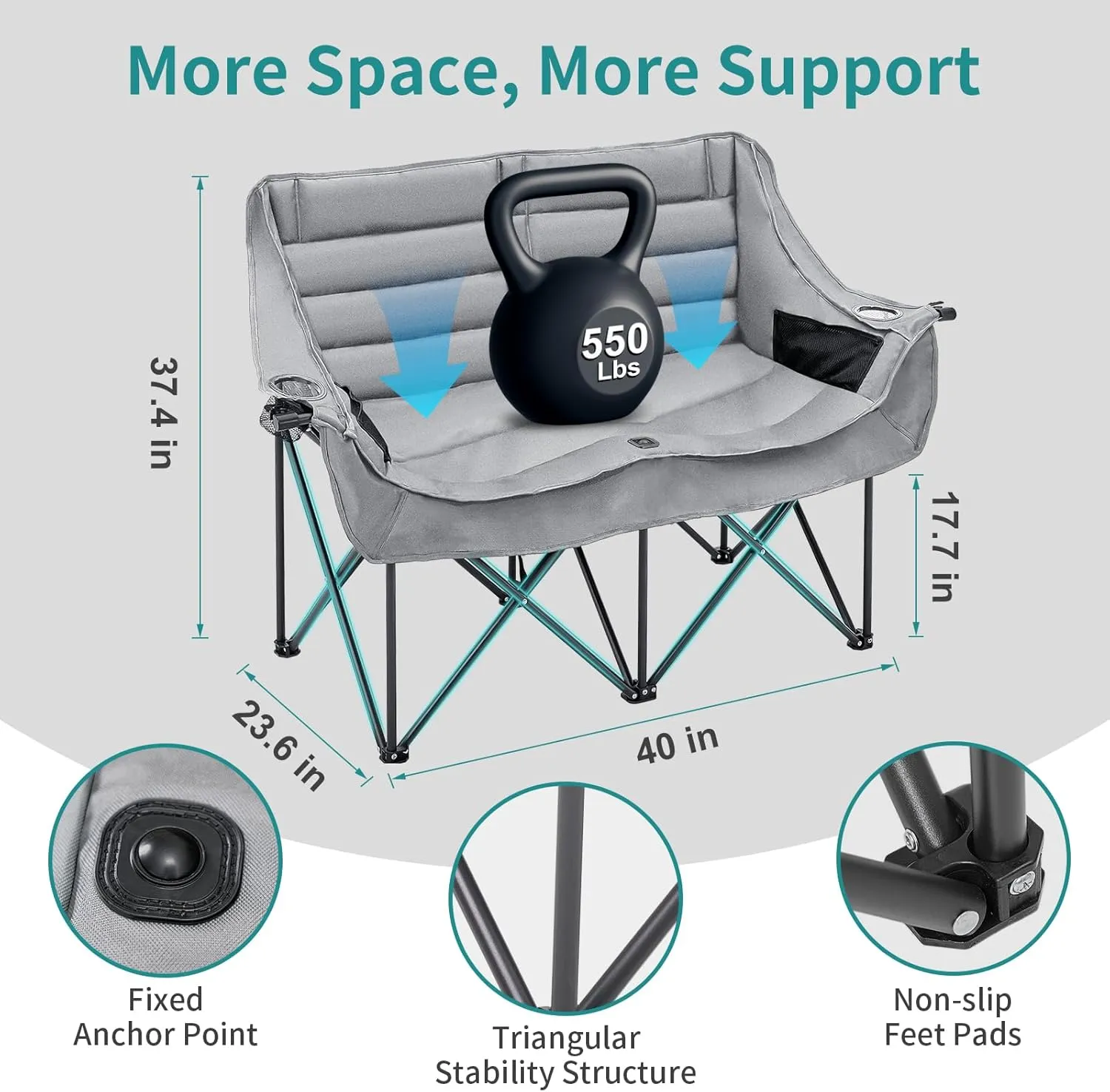 Slsy Oversized Double Camping Chair, Folding 2 Person Camping Chair Loveseat, Fully Padded Duo Chair Camping Couch, Fold Up Double Camp Chair, Lawn Chairs, Camping Bench with Carrying Bag