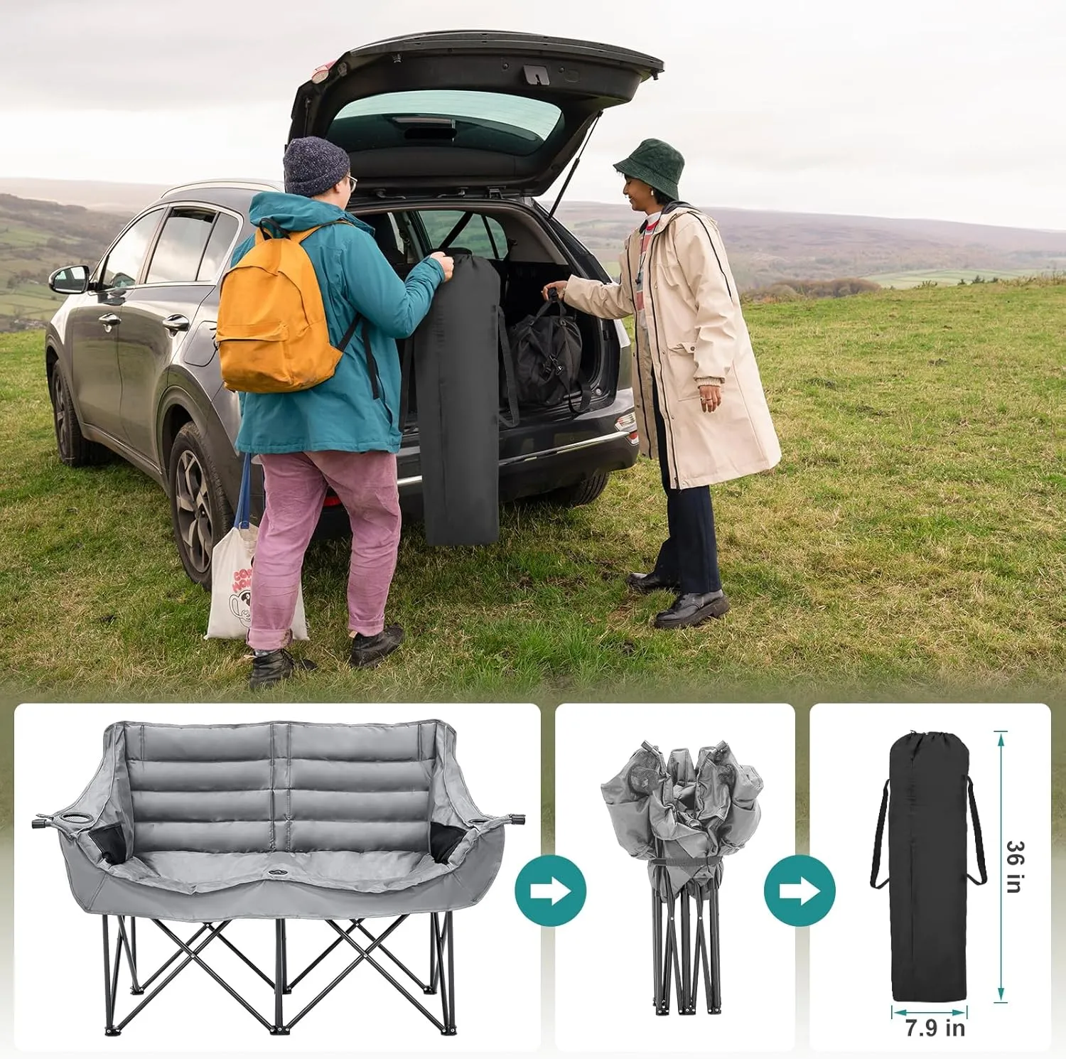 Slsy Oversized Double Camping Chair, Folding 2 Person Camping Chair Loveseat, Fully Padded Duo Chair Camping Couch, Fold Up Double Camp Chair, Lawn Chairs, Camping Bench with Carrying Bag