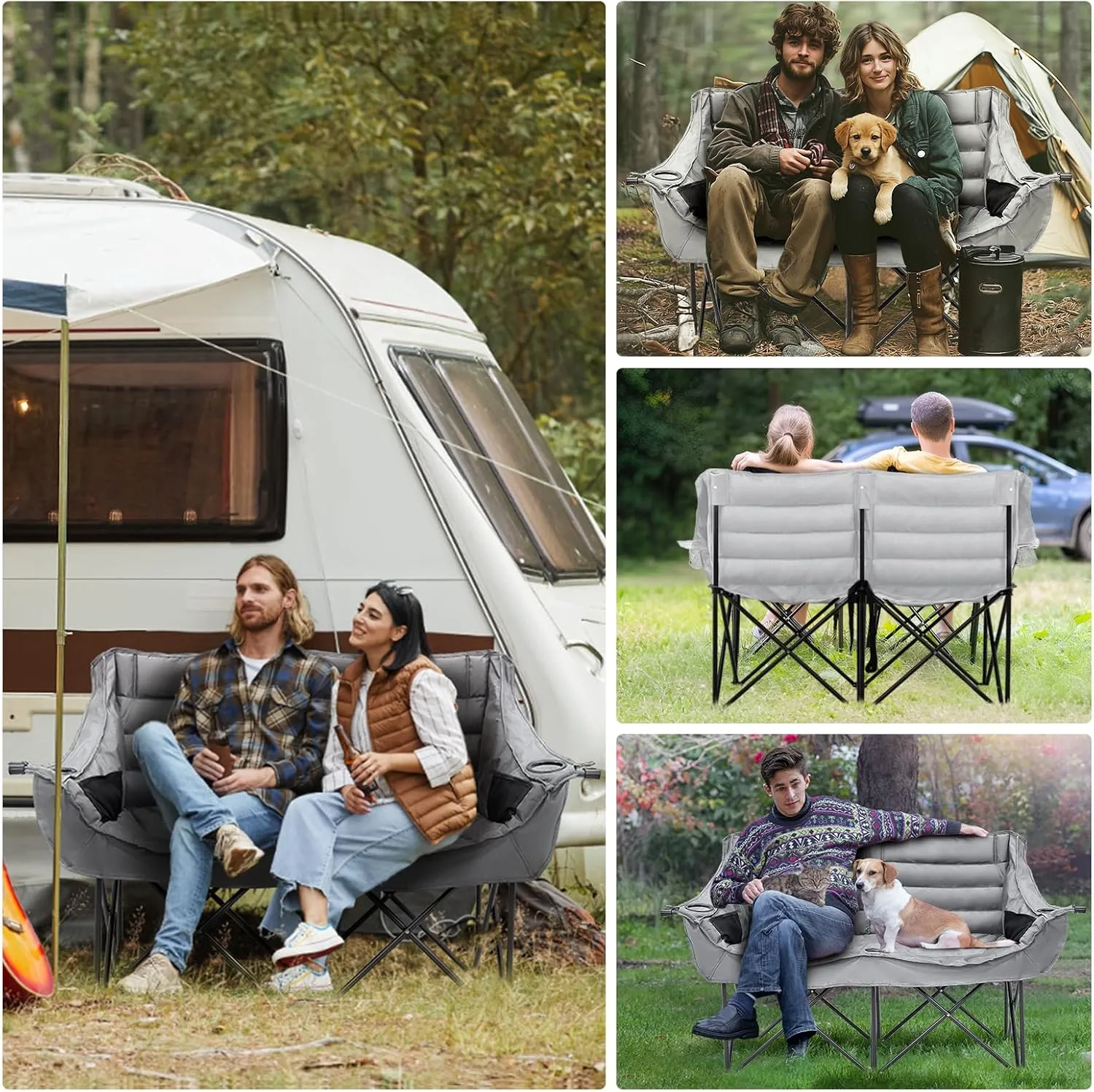 Slsy Oversized Double Camping Chair, Folding 2 Person Camping Chair Loveseat, Fully Padded Duo Chair Camping Couch, Fold Up Double Camp Chair, Lawn Chairs, Camping Bench with Carrying Bag