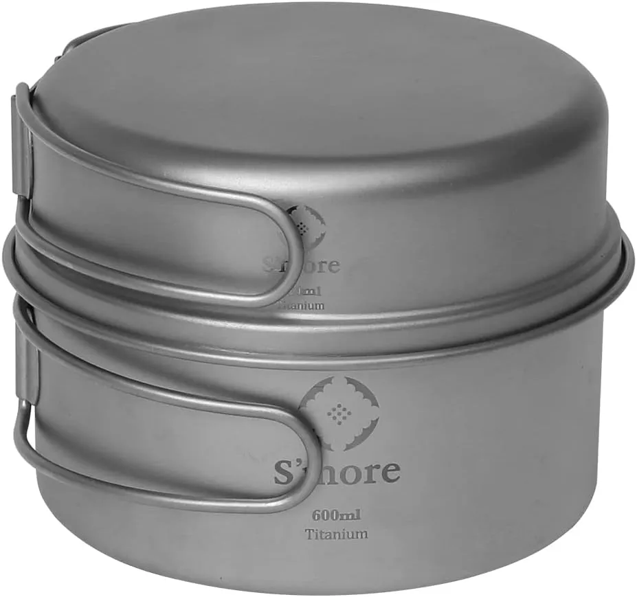 S'more Titanium Cooking Set, Ultralight Eco-Friendly Camping Cookware, Pot and Pan 2 in 1 with Folding Handle for Hiking, Traveling, and Picnic