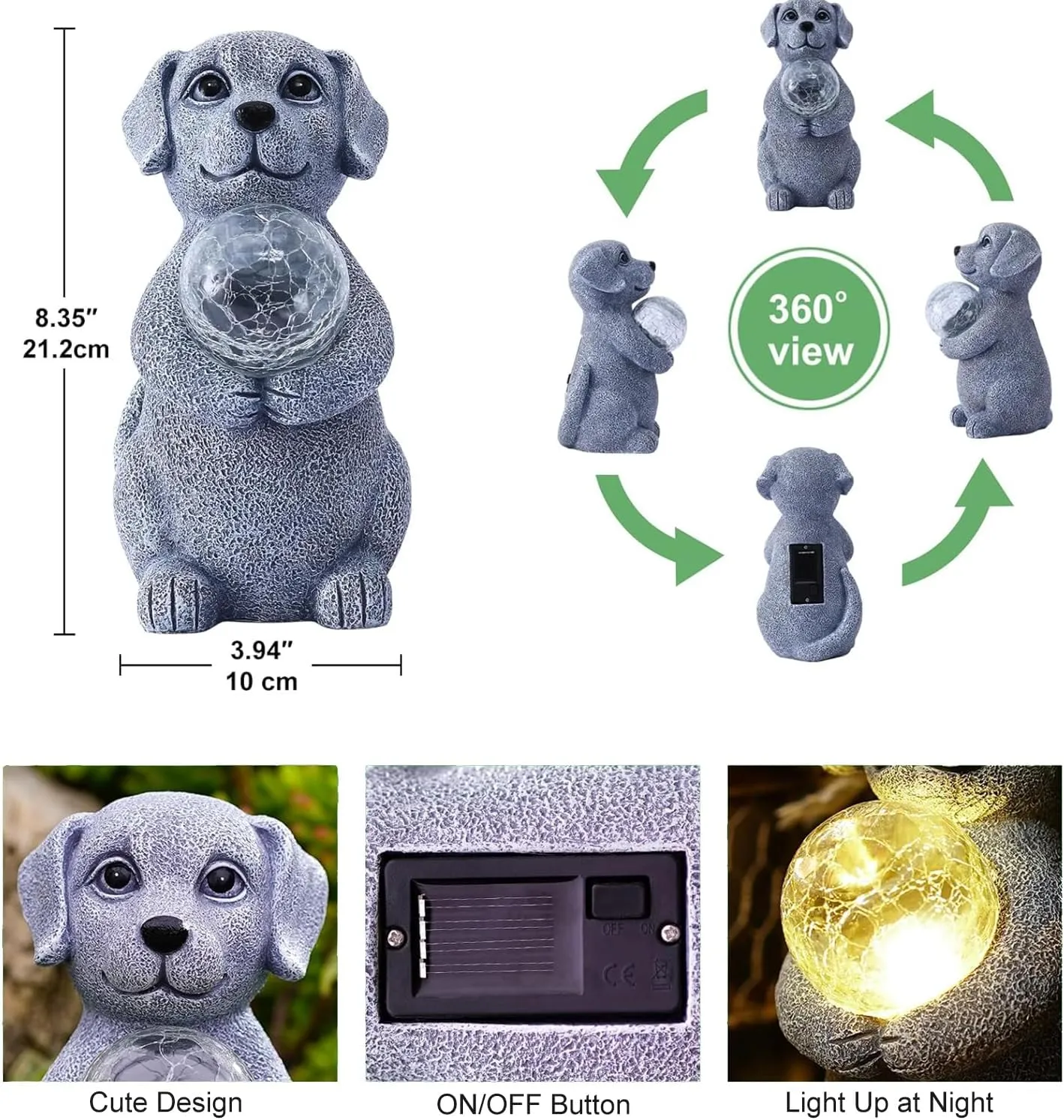 Solar Dog Garden Statues - 8.4 "Dog Decor with Gazing Ball Solar LED Lights, Unique Gifts for Mom Grandma Birthdays, Outdoor Decor for Outside Lawn Porch Patio (Gray)