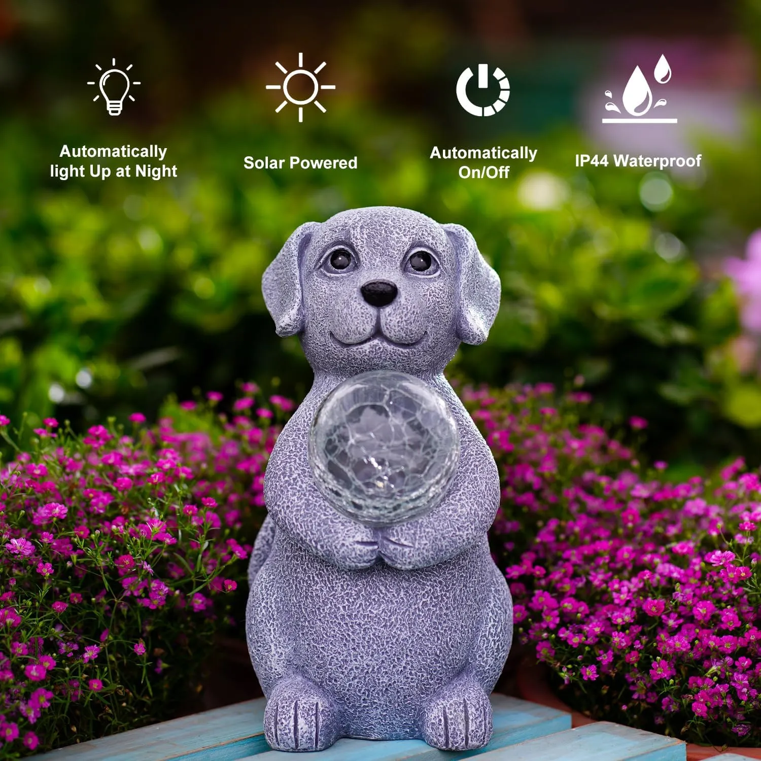 Solar Dog Garden Statues - 8.4 "Dog Decor with Gazing Ball Solar LED Lights, Unique Gifts for Mom Grandma Birthdays, Outdoor Decor for Outside Lawn Porch Patio (Gray)