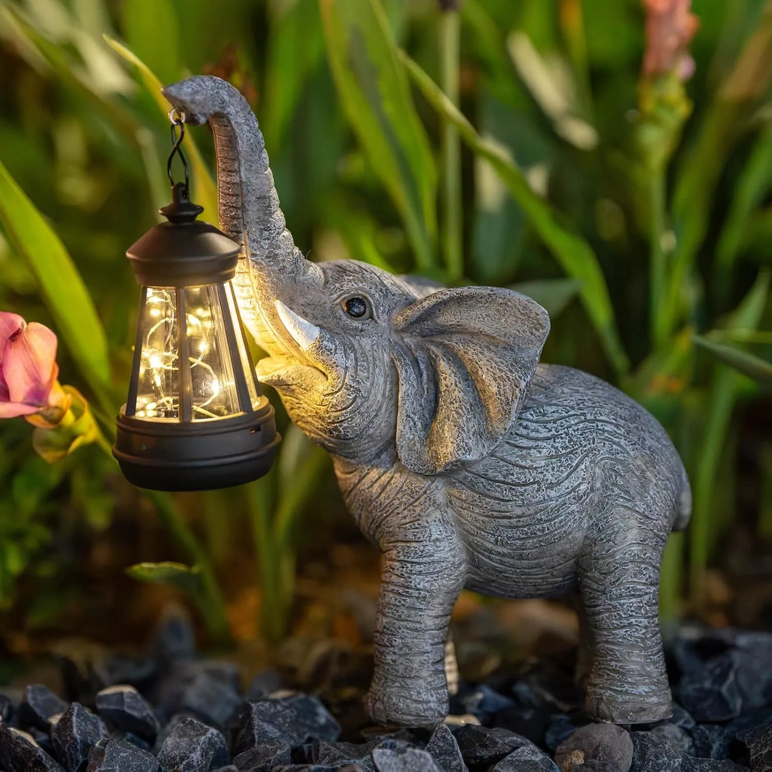 Solar Garden Statue Lights Elephants Figurine with Solar Lantern, Outdoor Yard Decorations for Patio Porch Home, Christmas Elephant Gifts for Women - Unique Housewarming Gifts