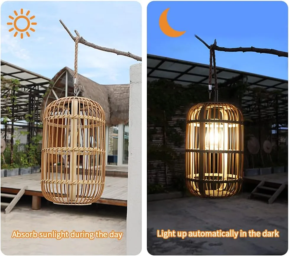 Solar Lantern Outdoor Waterproof, Large Rattan Solar Lantern Outdoor Hanging with Handle, Natural Bamboo Solar Outdoor Lights with Edison Bulb for Garden Patio Yard Tabletop Decoration