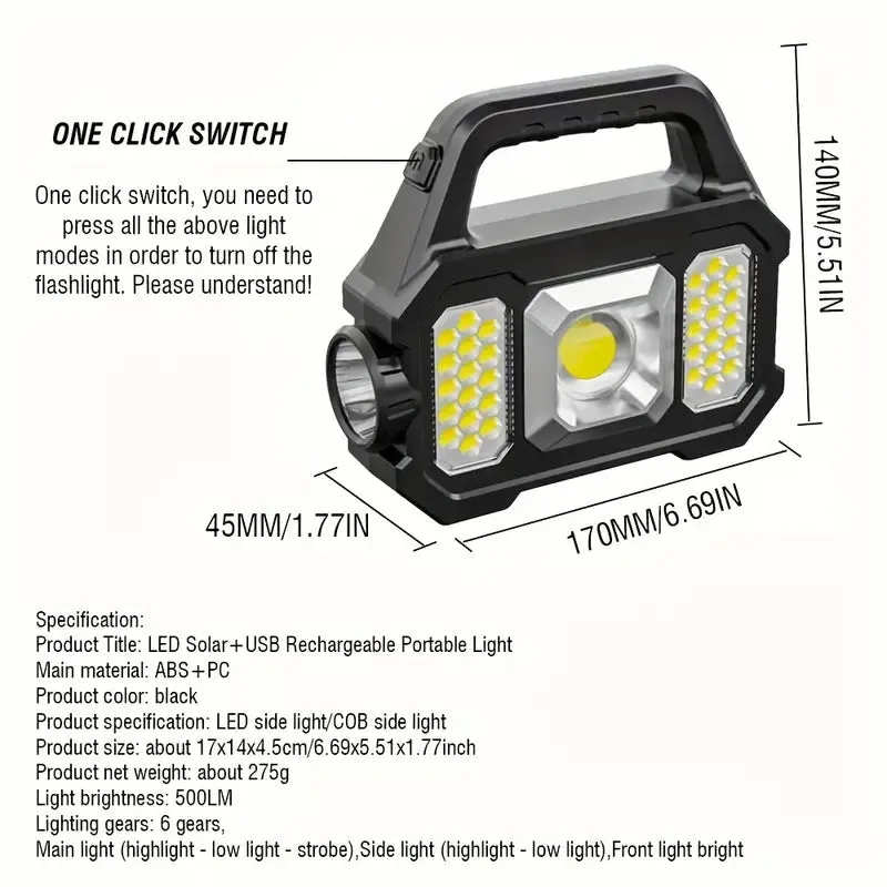 Solar Portable Flashlight & Handheld Searchlight with Side Lights