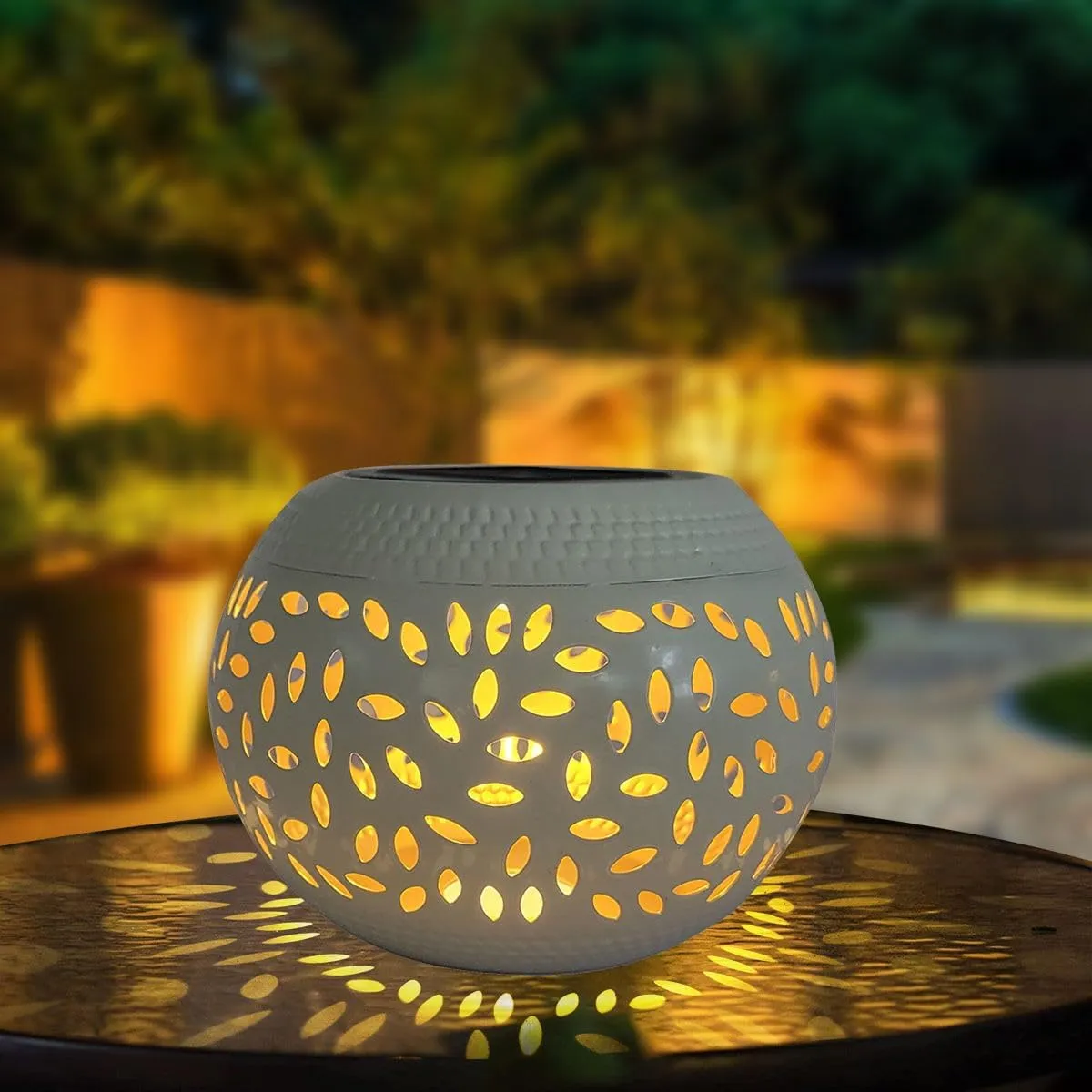 Solar Table Lantern Outdoor Waterproof- Solar Powered LED Light Hollowed-Out White Metal Desktop Decorative Lamp for Women Mom Indoor Desk Bedroom Patio Garden Pathway Yard Decor