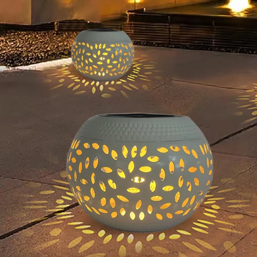 Solar Table Lantern Outdoor Waterproof- Solar Powered LED Light Hollowed-Out White Metal Desktop Decorative Lamp for Women Mom Indoor Desk Bedroom Patio Garden Pathway Yard Decor