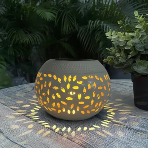 Solar Table Lantern Outdoor Waterproof- Solar Powered LED Light Hollowed-Out White Metal Desktop Decorative Lamp for Women Mom Indoor Desk Bedroom Patio Garden Pathway Yard Decor