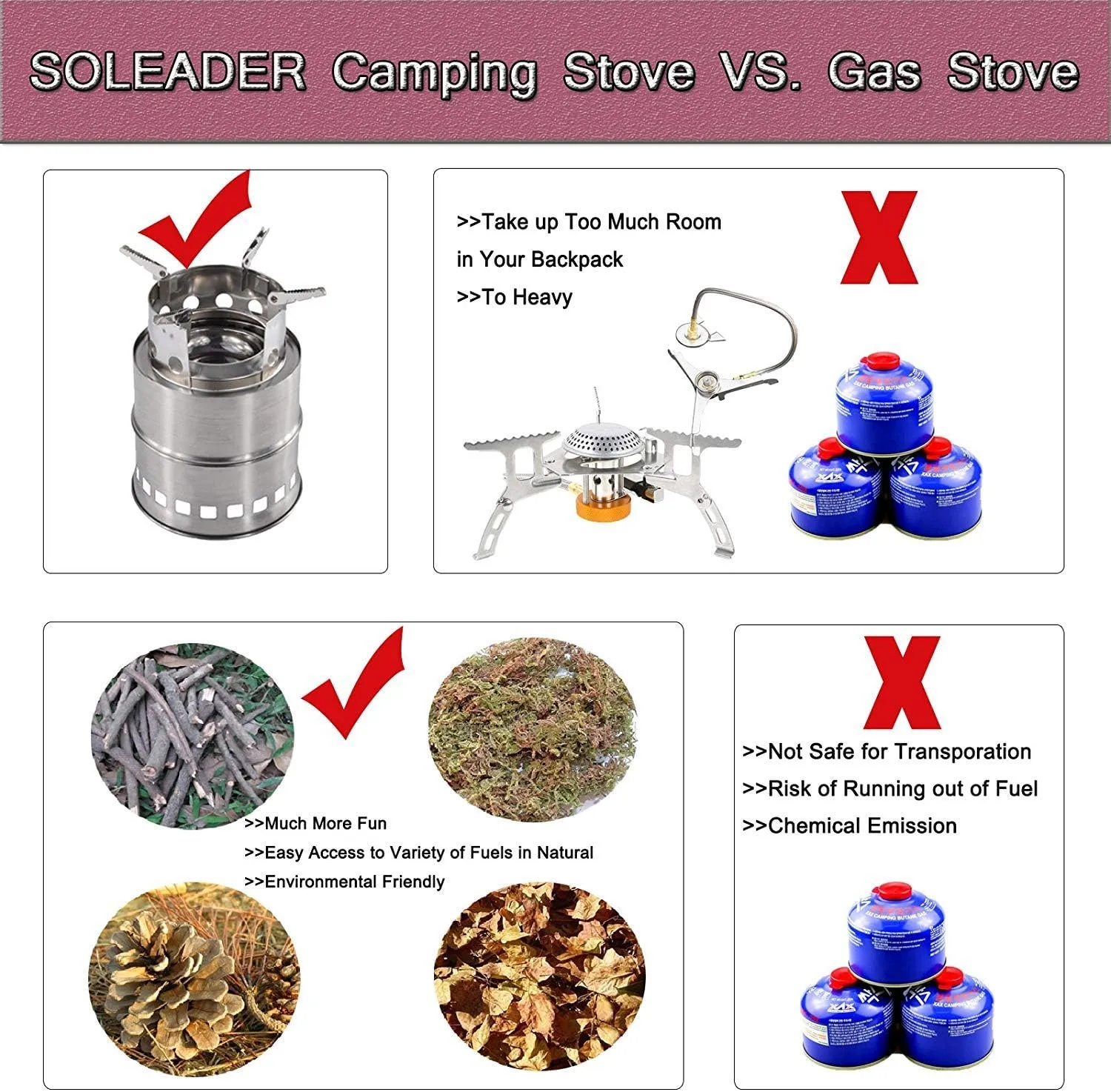 SOLEADER Portable Wood Burning Camp Stoves - Stainless Steel Compact Gasifier Stove - Twig Stove For Camping, Hiking, Picnic, BBQ, Backpacking The 3rd Generation