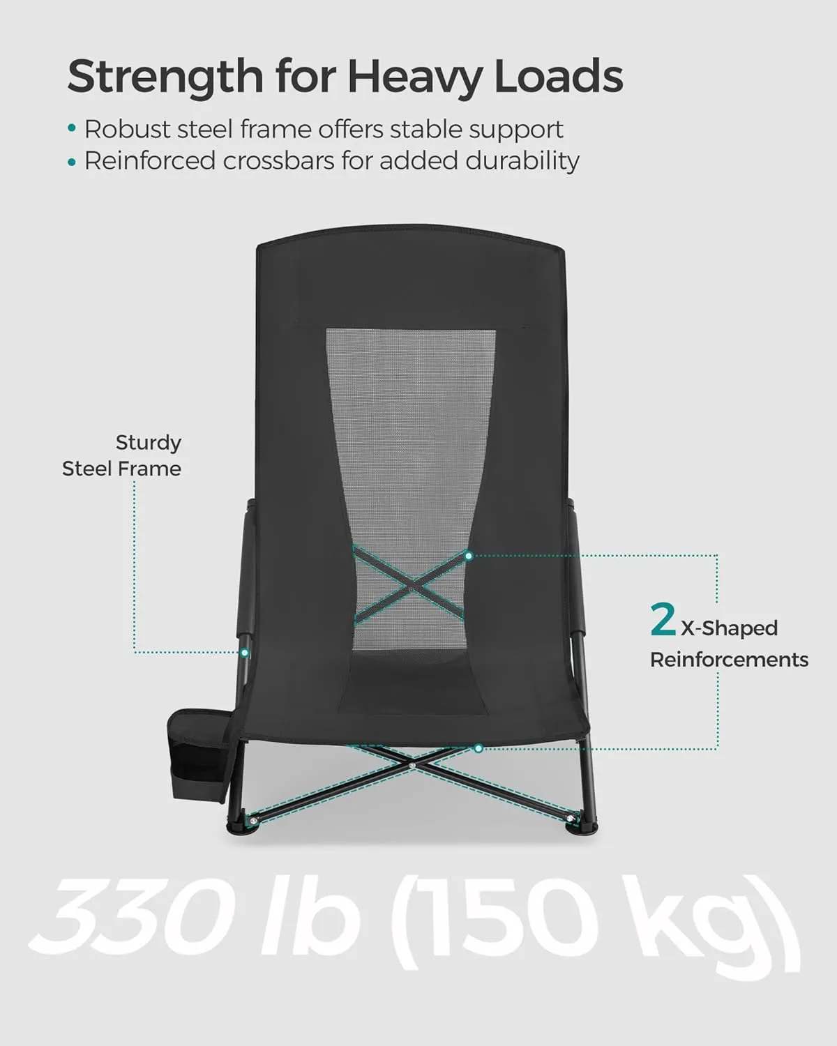 SONGMICS Set of 2 Portable Beach Chairs for Adults, Max. Load 330 lb Each, High Backrest, Cup Holder, Lightweight, Heavy-Duty, Black UGCB067B01V1