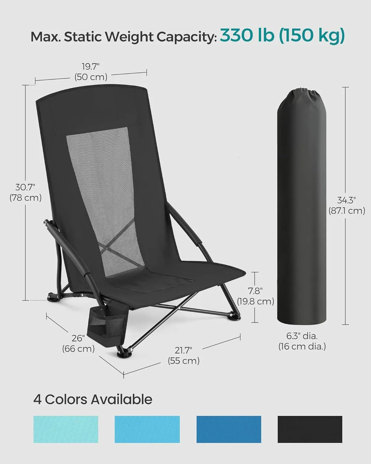 SONGMICS Set of 2 Portable Beach Chairs for Adults, Max. Load 330 lb Each, High Backrest, Cup Holder, Lightweight, Heavy-Duty, Black UGCB067B01V1