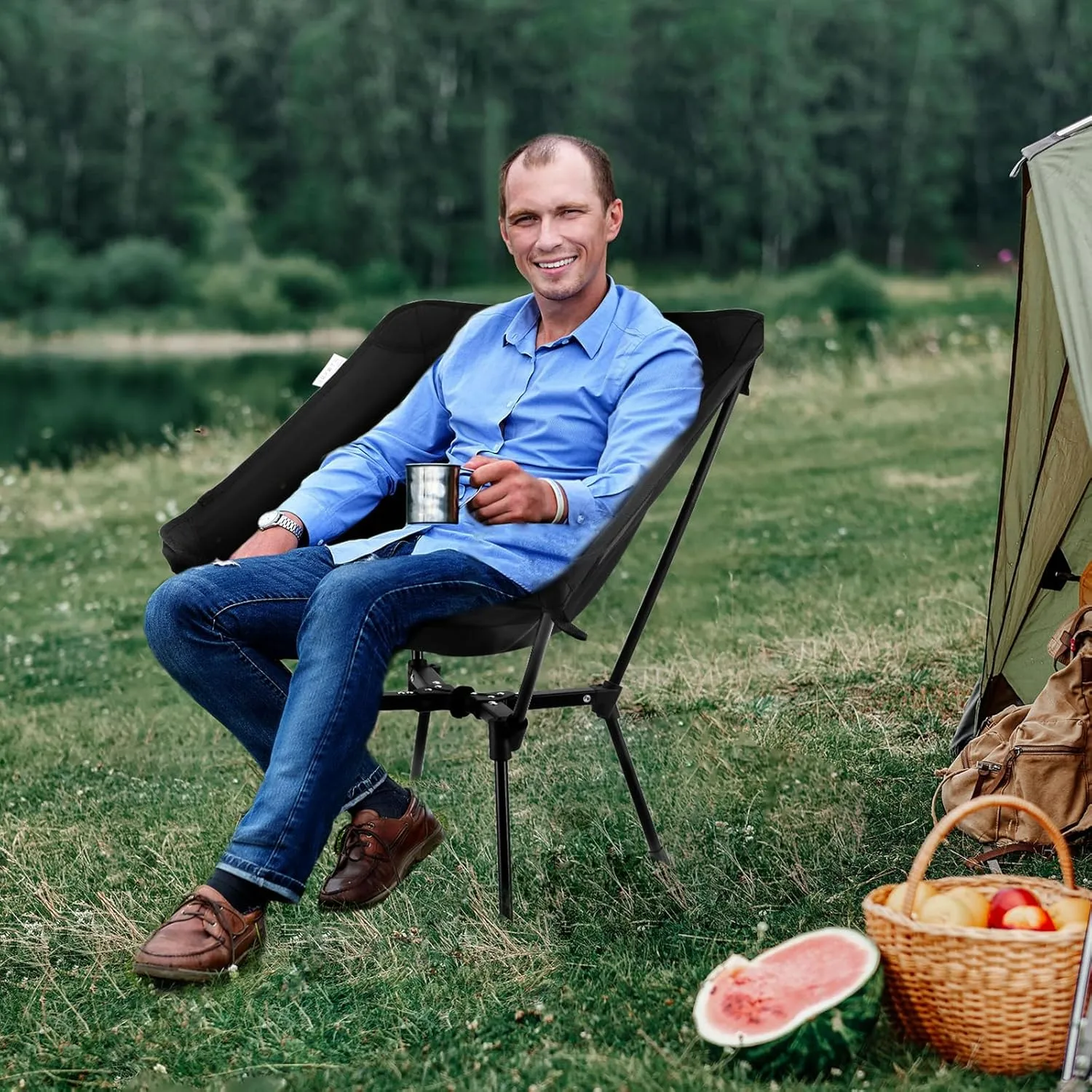 Sportneer Camping Chairs, Lightweight Outdoor Chairs with 2 Side Pockets & Storage Bag, Foldable & Portable Lawn Chairs for Camping Hiking Lawn Picnic Beach Outdoor Travel (2, Black(X Shape))