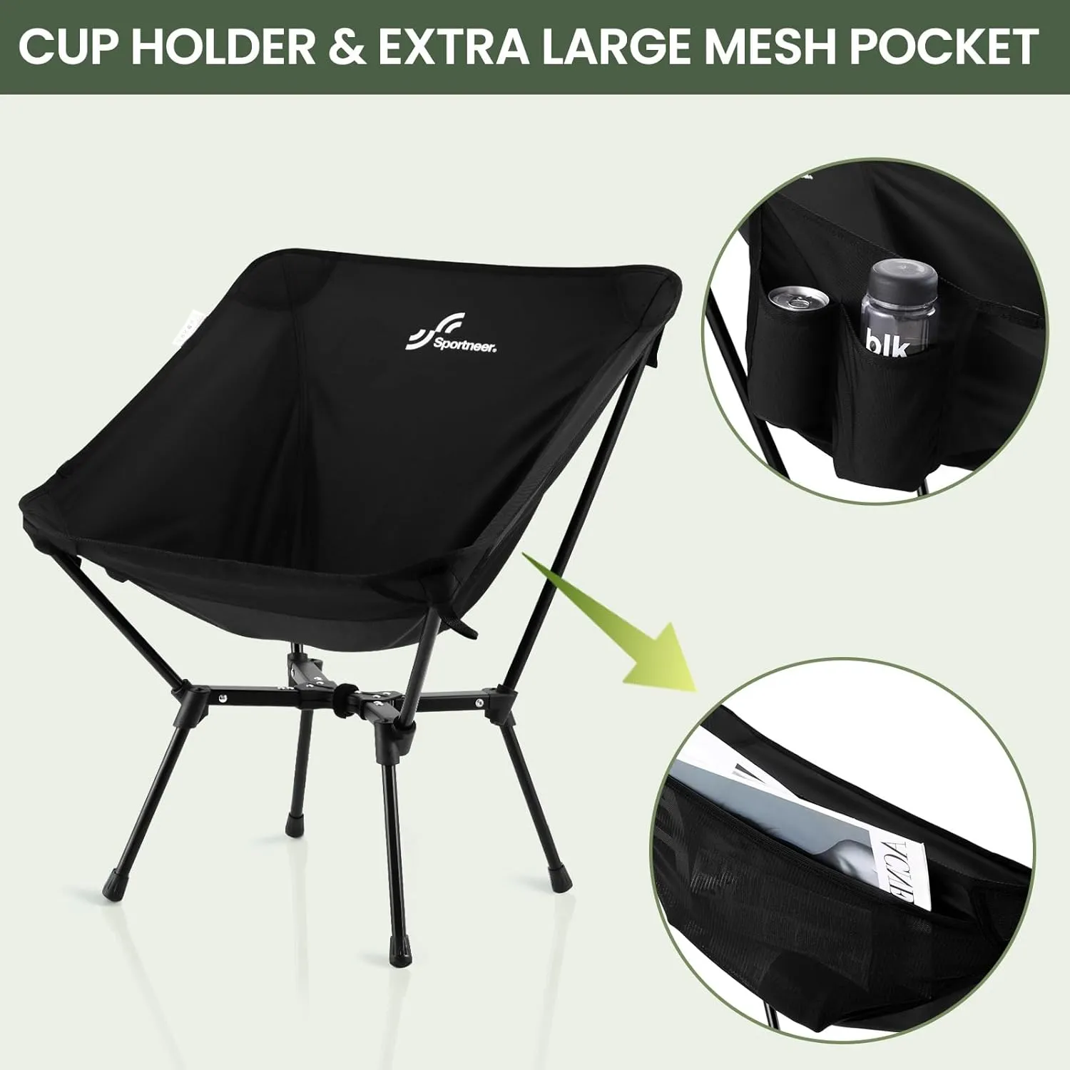 Sportneer Camping Chairs, Lightweight Outdoor Chairs with 2 Side Pockets & Storage Bag, Foldable & Portable Lawn Chairs for Camping Hiking Lawn Picnic Beach Outdoor Travel (2, Black(X Shape))