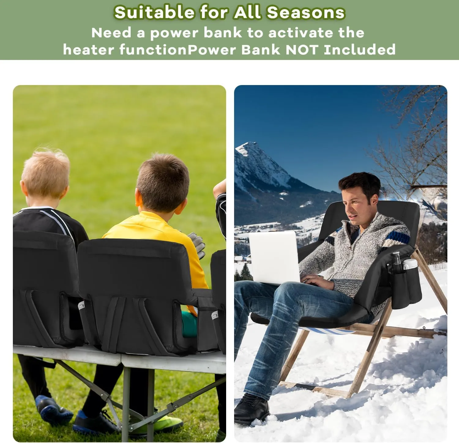 Stadium Seats for Bleachers-3 Heat Settings Backrest&Seat Cushion with Support, Portable Folding Stadium Chair with 6 Reclining, Storage Cup Holder for Football Games/Camping/Concerts (Heated, Black)
