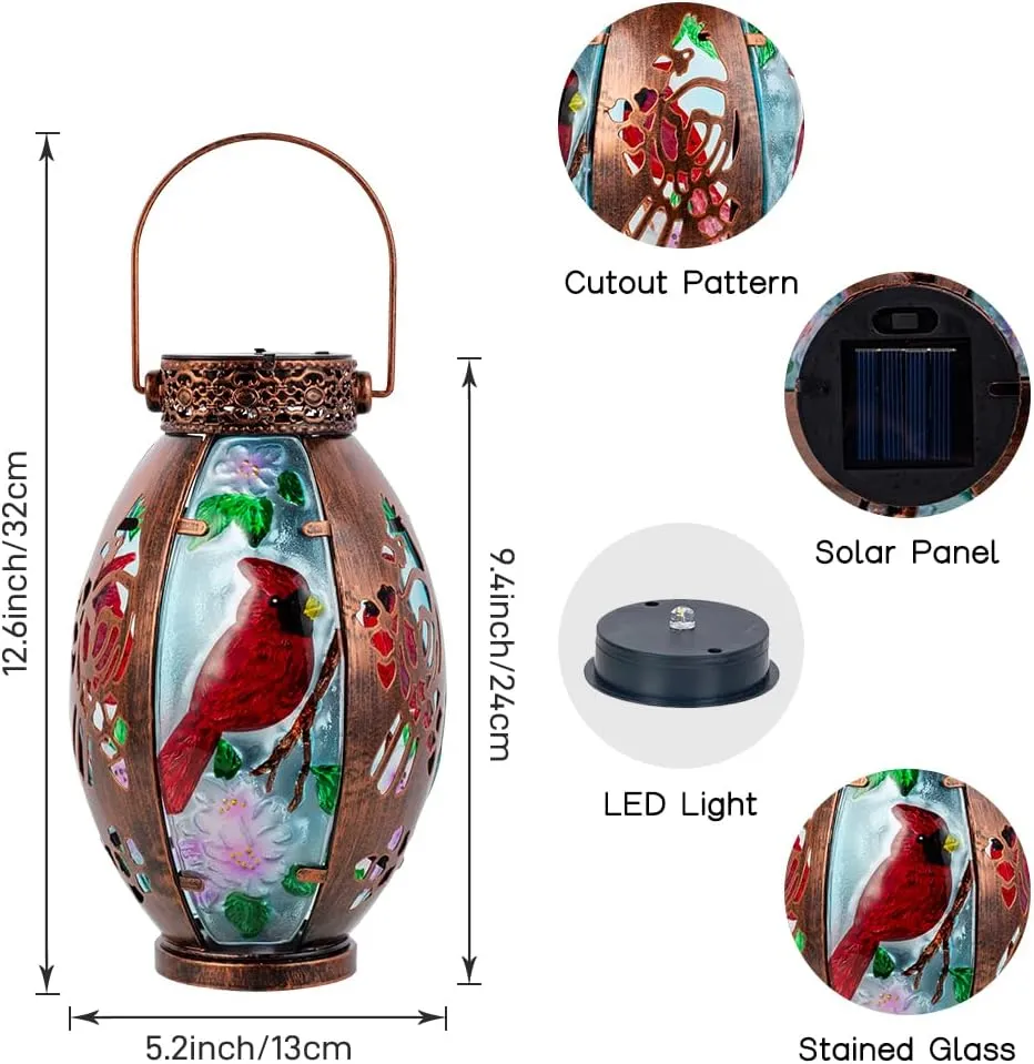 Starsoul Cardinal Outdoor Solar Lantern - Metal & Stained Glass Cardinal Solar Light, Waterproof Tabletop Lamp with Hollowed-Out Design for Yard, Patio, Garden, Pathway