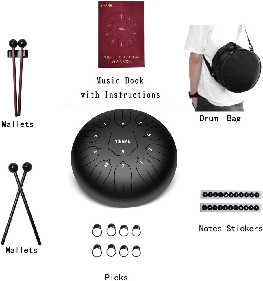 Steel Tongue Drum Percussion Instrument 11 Notes 10 inches Black