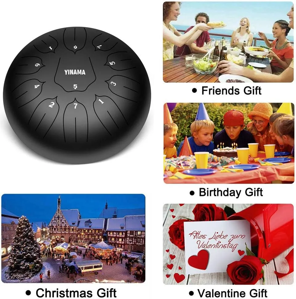 Steel Tongue Drum Percussion Instrument 11 Notes 10 inches Black