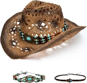 Straw Cowboy Hats for Women Men Cowgirl Hat with Shapeable Brim Summer Cowboy Hat with Decorative Bands for Beach