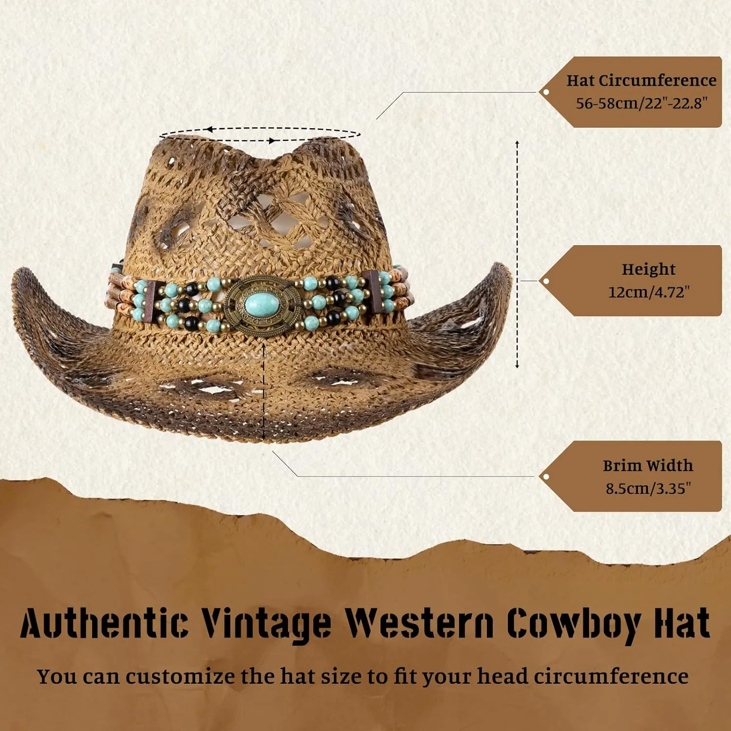 Straw Cowboy Hats for Women Men Cowgirl Hat with Shapeable Brim Summer Cowboy Hat with Decorative Bands for Beach