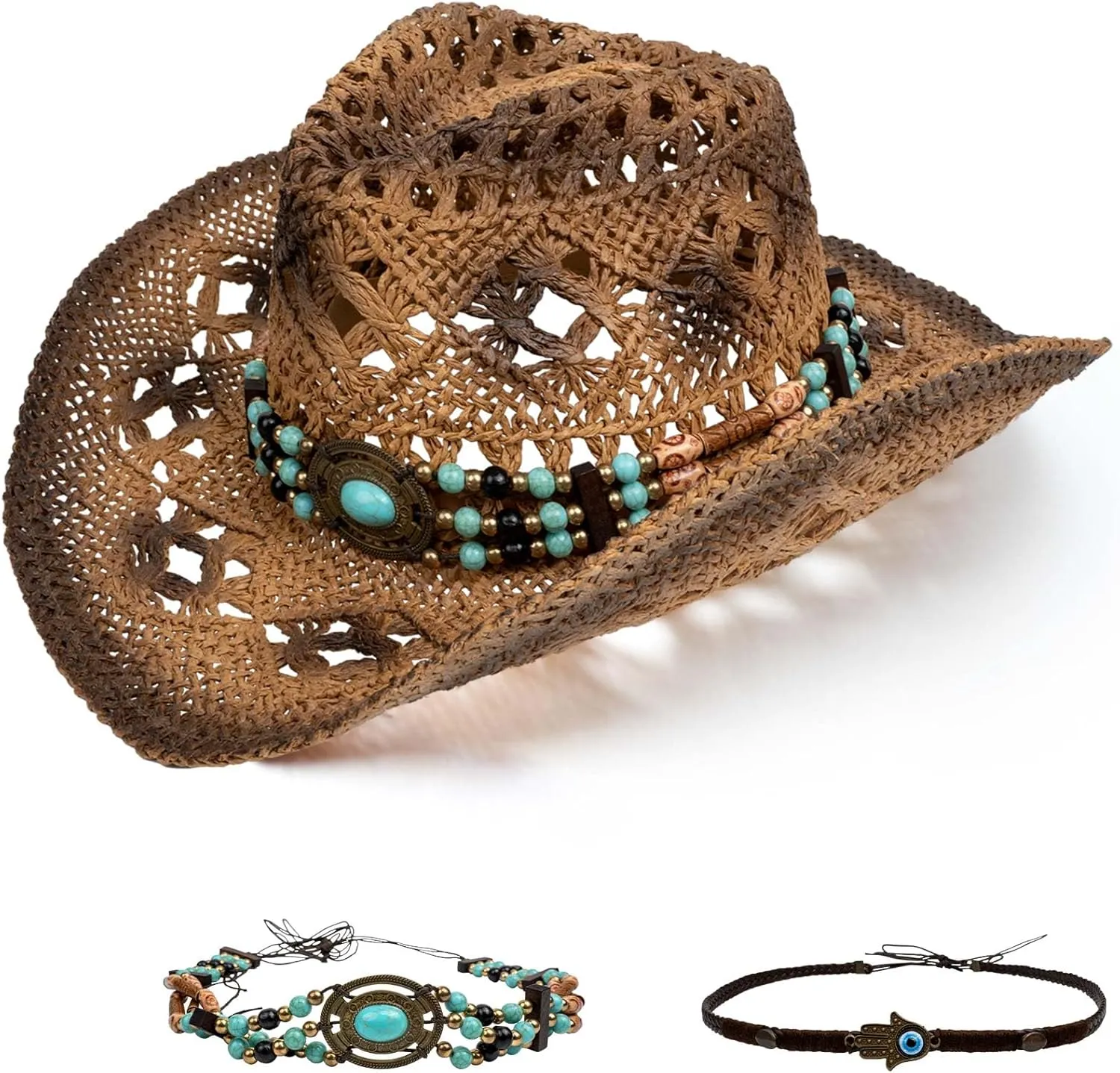 Straw Cowboy Hats for Women Men Cowgirl Hat with Shapeable Brim Summer Cowboy Hat with Decorative Bands for Beach