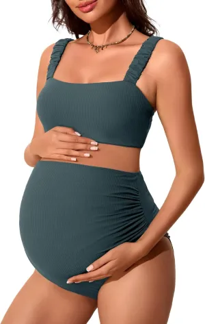Summer Mae Ribbed Maternity Bikini Swimsuit for Women High Waisted Two-Piece Bathing Suit Crop Top Pregnancy Swimwear