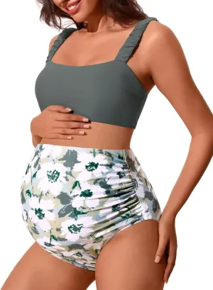 Summer Mae Ribbed Maternity Bikini Swimsuit for Women High Waisted Two-Piece Bathing Suit Crop Top Pregnancy Swimwear