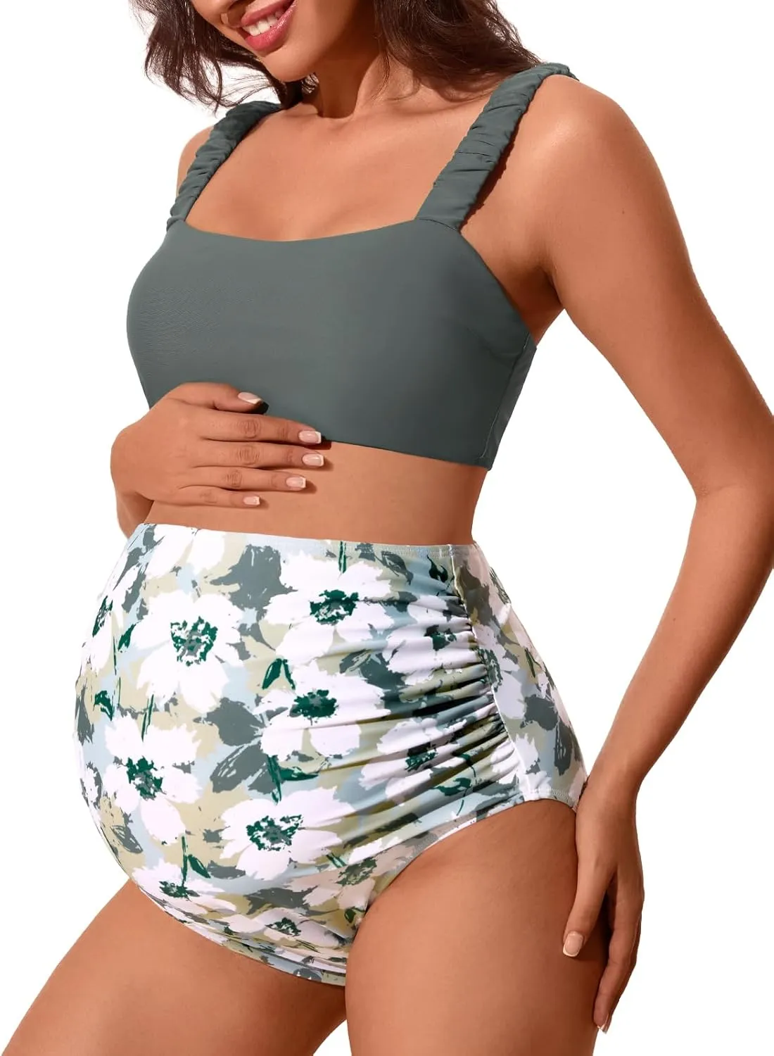 Summer Mae Ribbed Maternity Bikini Swimsuit for Women High Waisted Two-Piece Bathing Suit Crop Top Pregnancy Swimwear