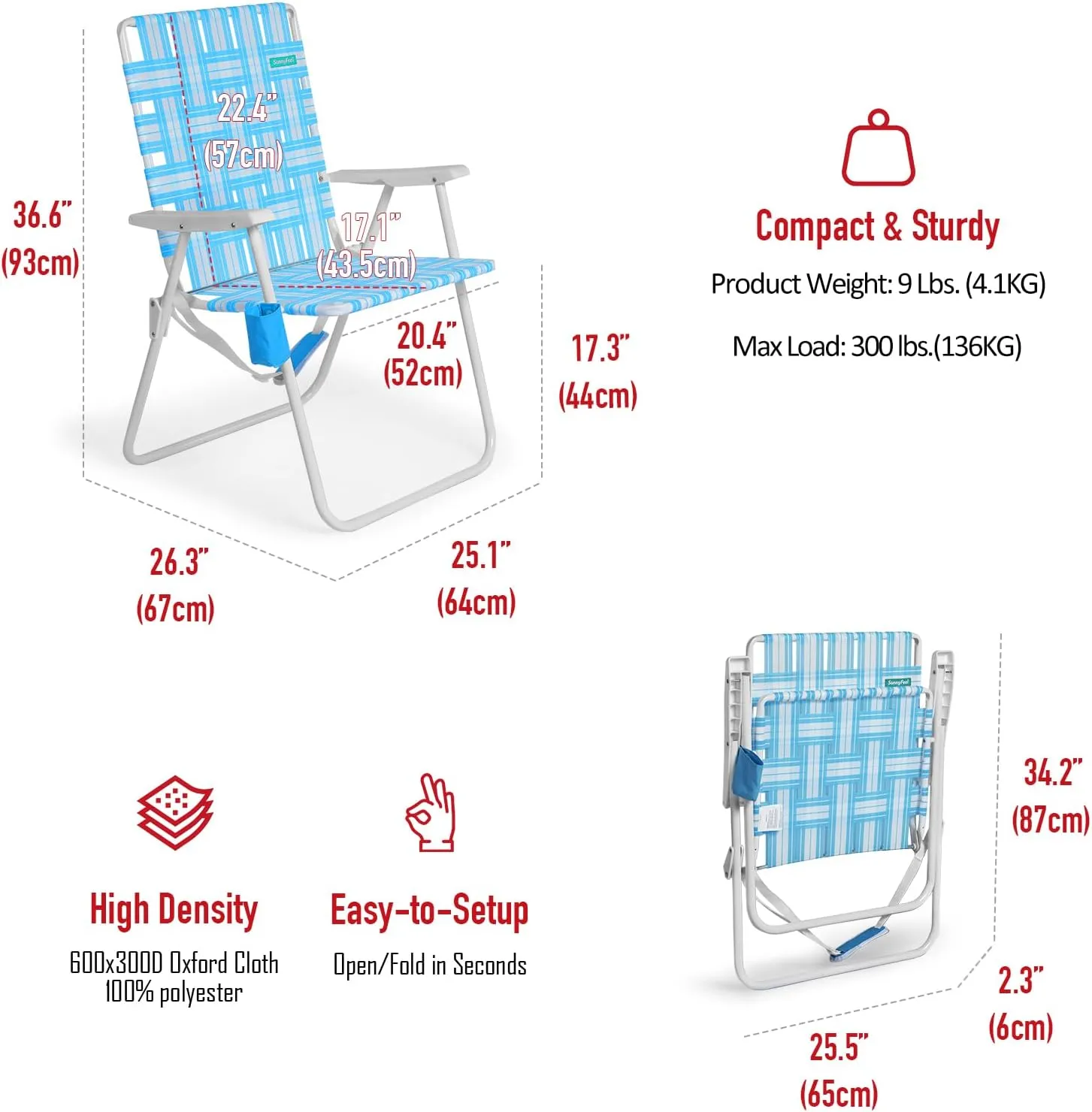 SunnyFeel 15" Tall Folding Webbed Lawn Beach Chair for Adults 2 Pack, Oversized Portable High Seat Sand Chair Heavy Duty 300 LBS, Foldable Camping Chairs for Camp/Outdoor/Picnic/Concert/Sports
