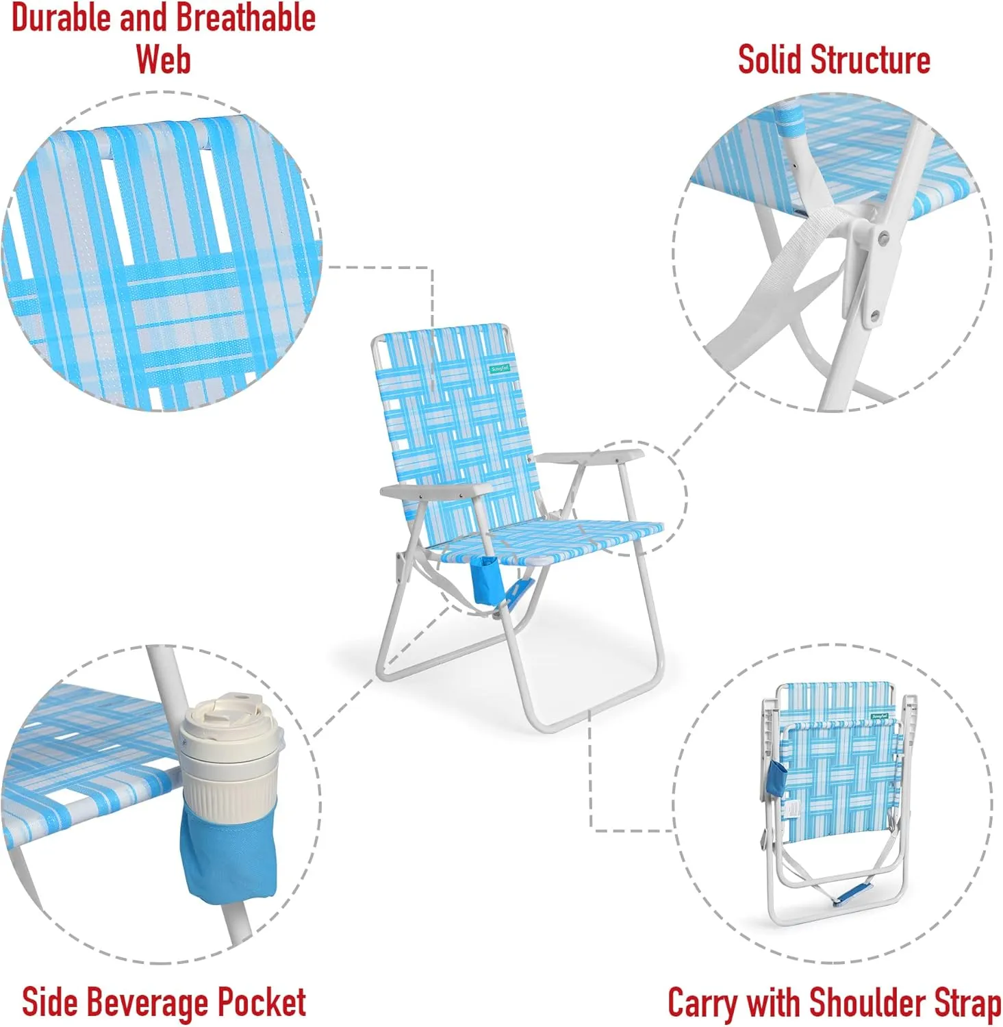 SunnyFeel 15" Tall Folding Webbed Lawn Beach Chair for Adults 2 Pack, Oversized Portable High Seat Sand Chair Heavy Duty 300 LBS, Foldable Camping Chairs for Camp/Outdoor/Picnic/Concert/Sports