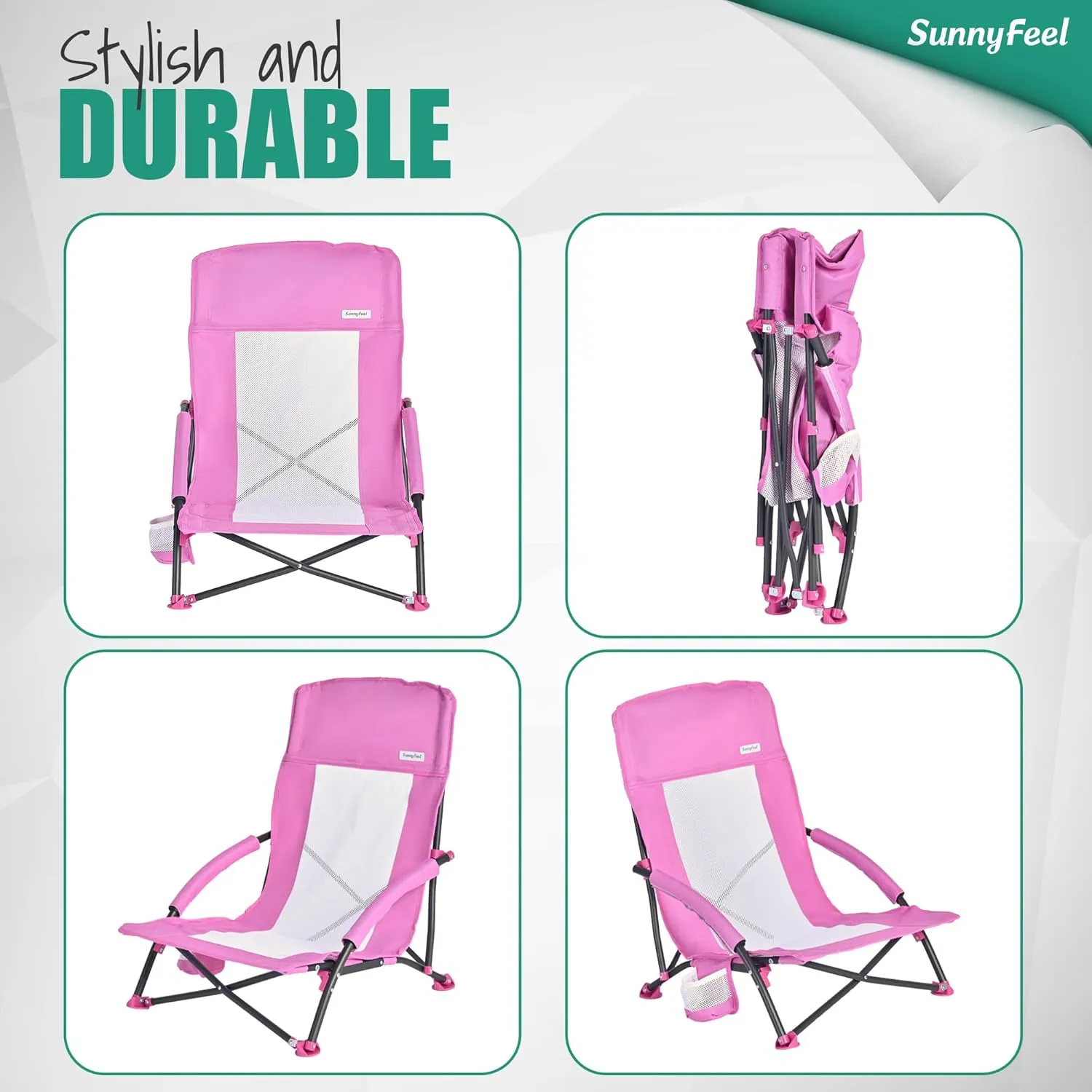 SUNNYFEEL Folding Low Camping Beach Chair 2 Pack, Lightweight Portable Lawn Chair with Mesh Back, Cup Holder for Outdoor/Travel/Picnic/Concert, Foldable Camp Backpack Chair with Carry Bag