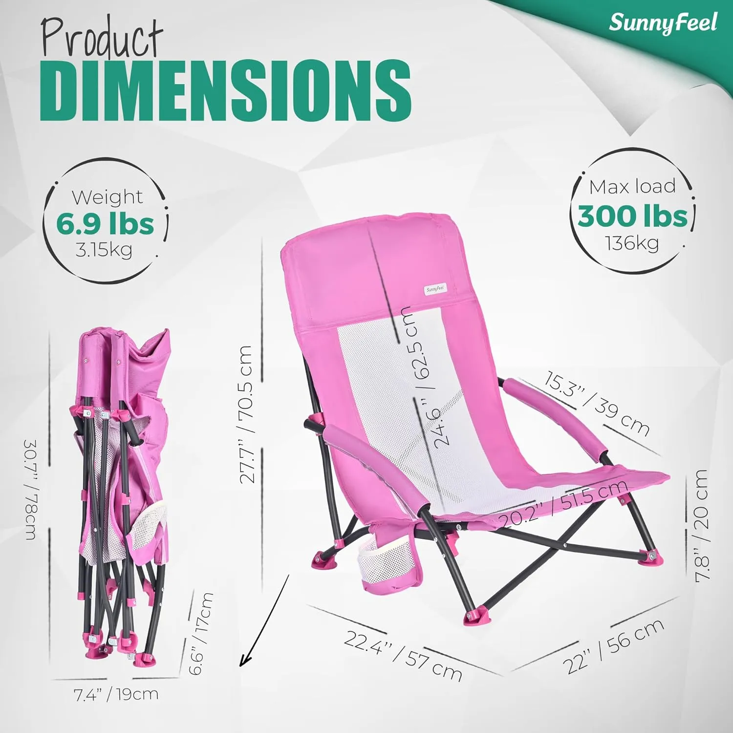 SUNNYFEEL Folding Low Camping Beach Chair 2 Pack, Lightweight Portable Lawn Chair with Mesh Back, Cup Holder for Outdoor/Travel/Picnic/Concert, Foldable Camp Backpack Chair with Carry Bag