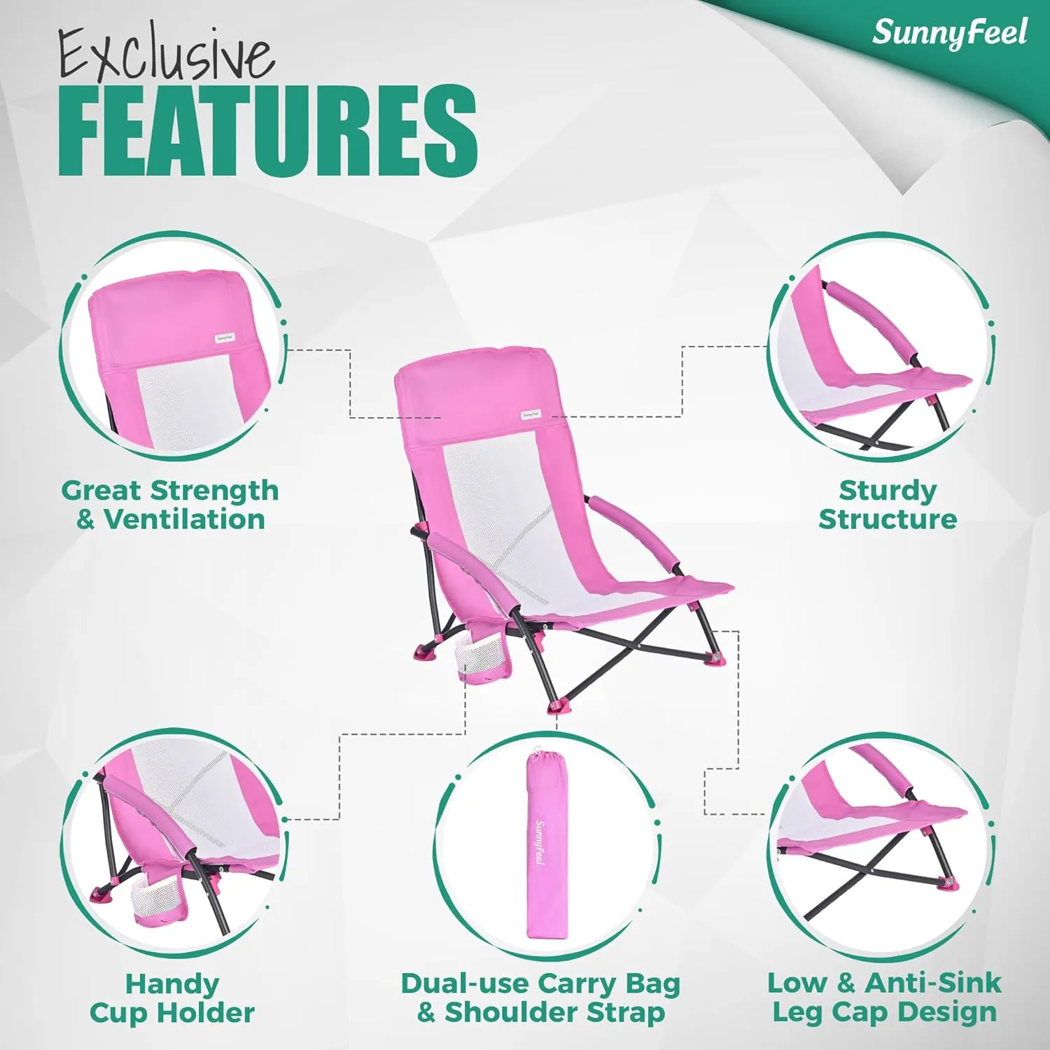 SUNNYFEEL Folding Low Camping Beach Chair 2 Pack, Lightweight Portable Lawn Chair with Mesh Back, Cup Holder for Outdoor/Travel/Picnic/Concert, Foldable Camp Backpack Chair with Carry Bag