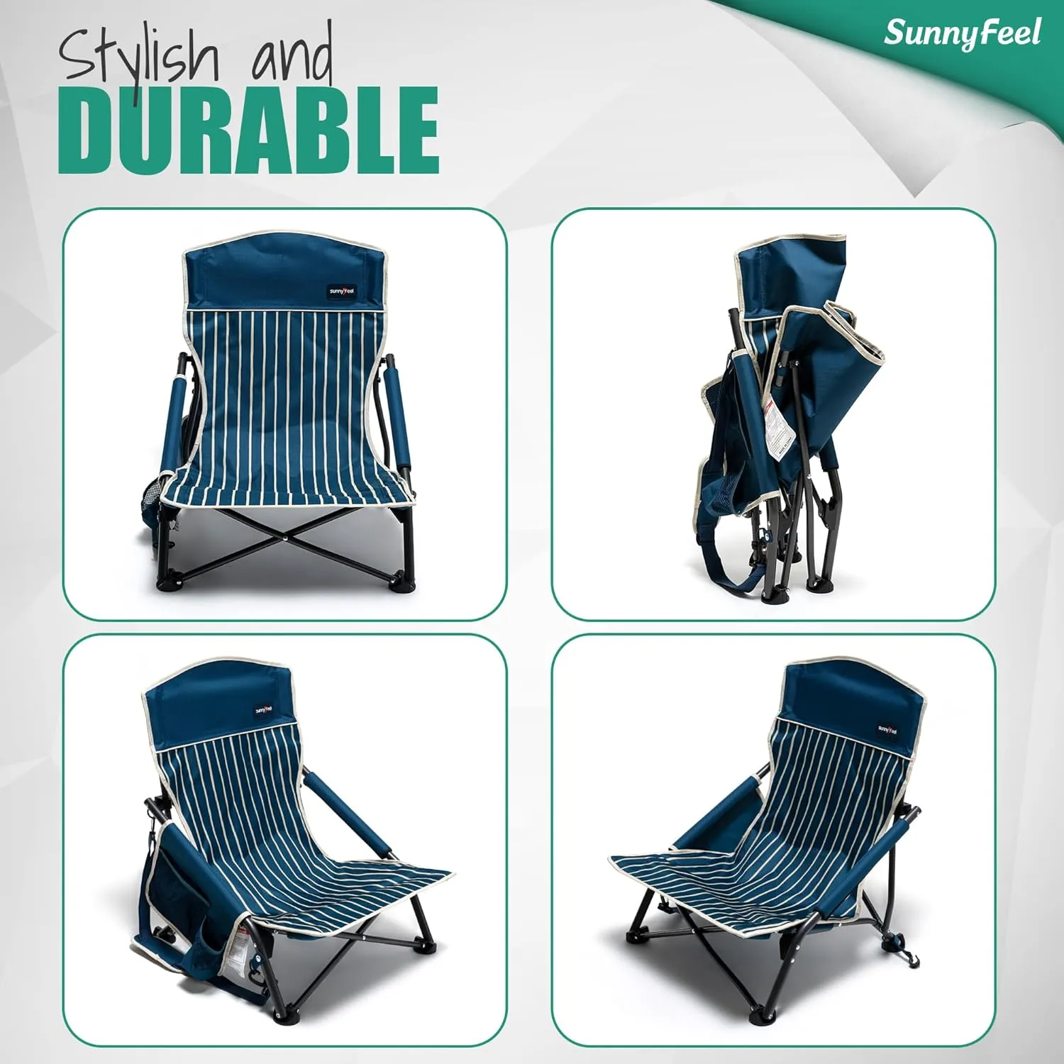SUNNYFEEL Folding Low Camping Beach Chair 2 Pack, Portable Backpacking Chairs with Cup Holder,Carry Bag Compact & Heavy Duty for Adults 300 LBS for Outdoor Picnic Fishing Sand Lawn