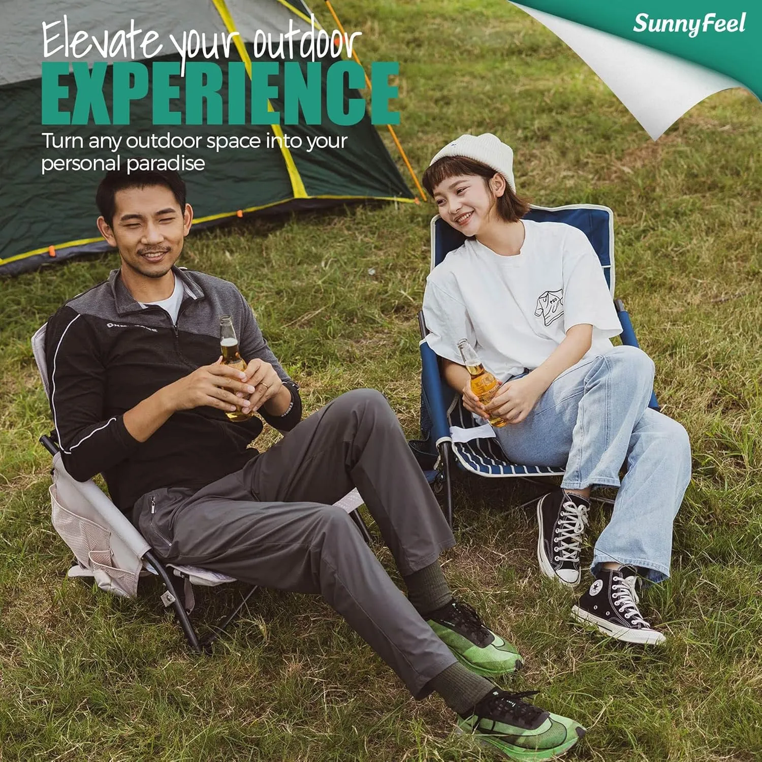 SUNNYFEEL Folding Low Camping Beach Chair 2 Pack, Portable Backpacking Chairs with Cup Holder,Carry Bag Compact & Heavy Duty for Adults 300 LBS for Outdoor Picnic Fishing Sand Lawn