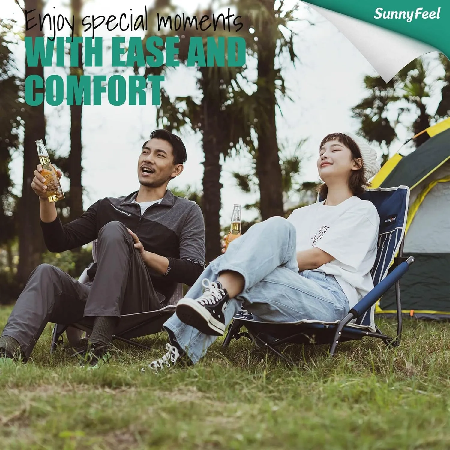 SUNNYFEEL Folding Low Camping Beach Chair 2 Pack, Portable Backpacking Chairs with Cup Holder,Carry Bag Compact & Heavy Duty for Adults 300 LBS for Outdoor Picnic Fishing Sand Lawn