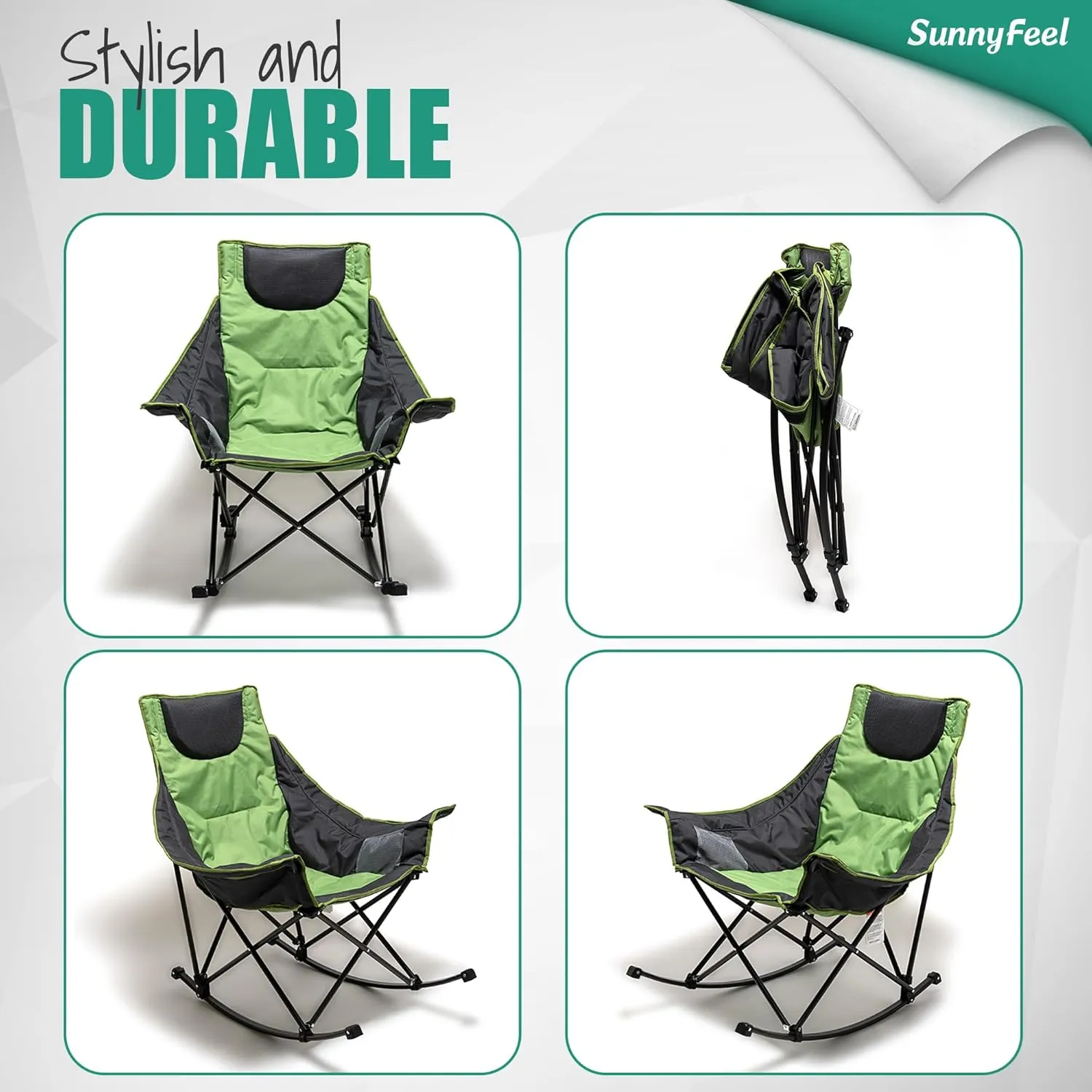 SUNNYFEEL Rocking Camping Chair 2 Pack, Luxury Padded Recliner, Oversized Folding Lawn Chair with Pocket, Heavy Duty for Outdoor/Picnic/Lounge/Patio, Portable Camp Rocker Chairs with Carry Bag