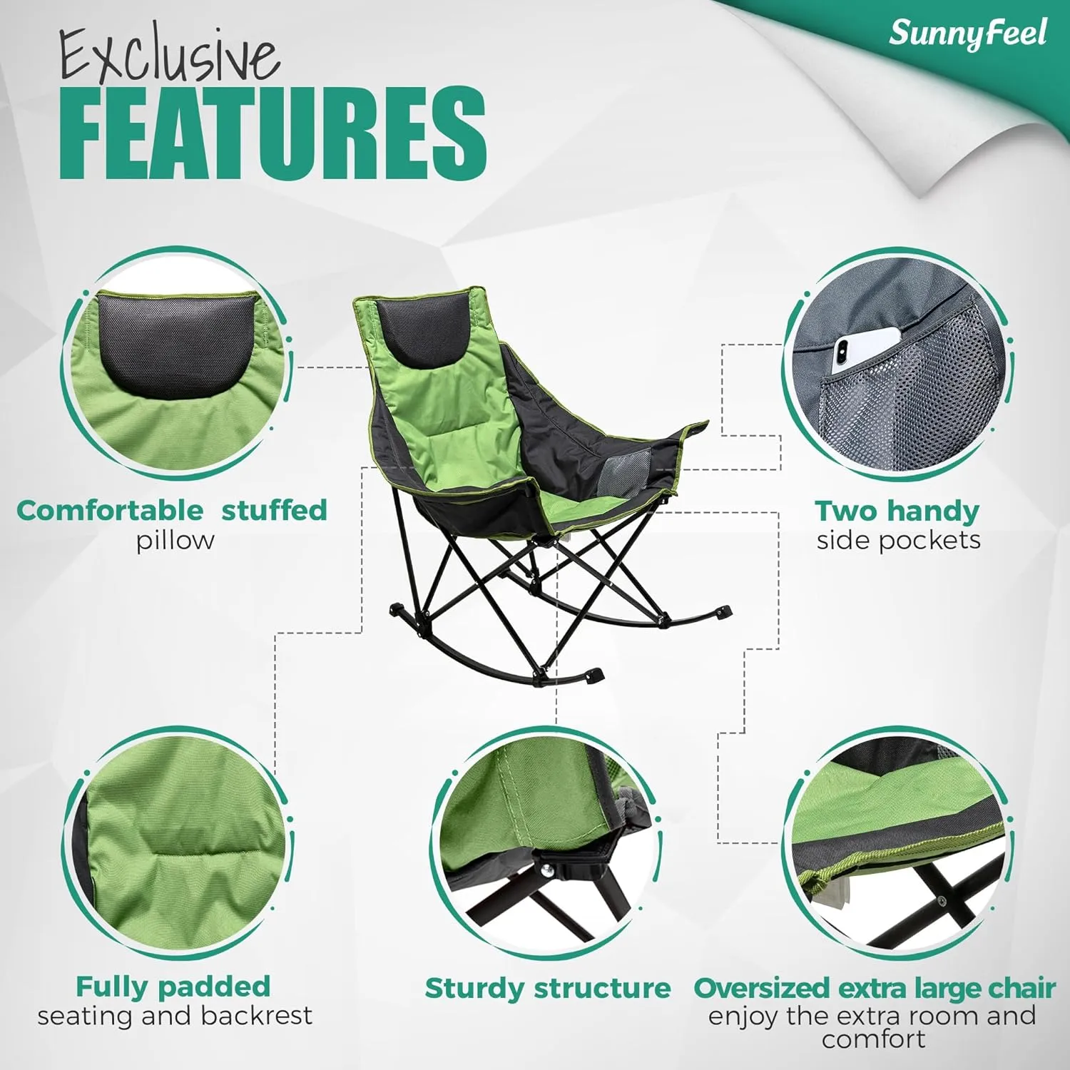 SUNNYFEEL Rocking Camping Chair 2 Pack, Luxury Padded Recliner, Oversized Folding Lawn Chair with Pocket, Heavy Duty for Outdoor/Picnic/Lounge/Patio, Portable Camp Rocker Chairs with Carry Bag