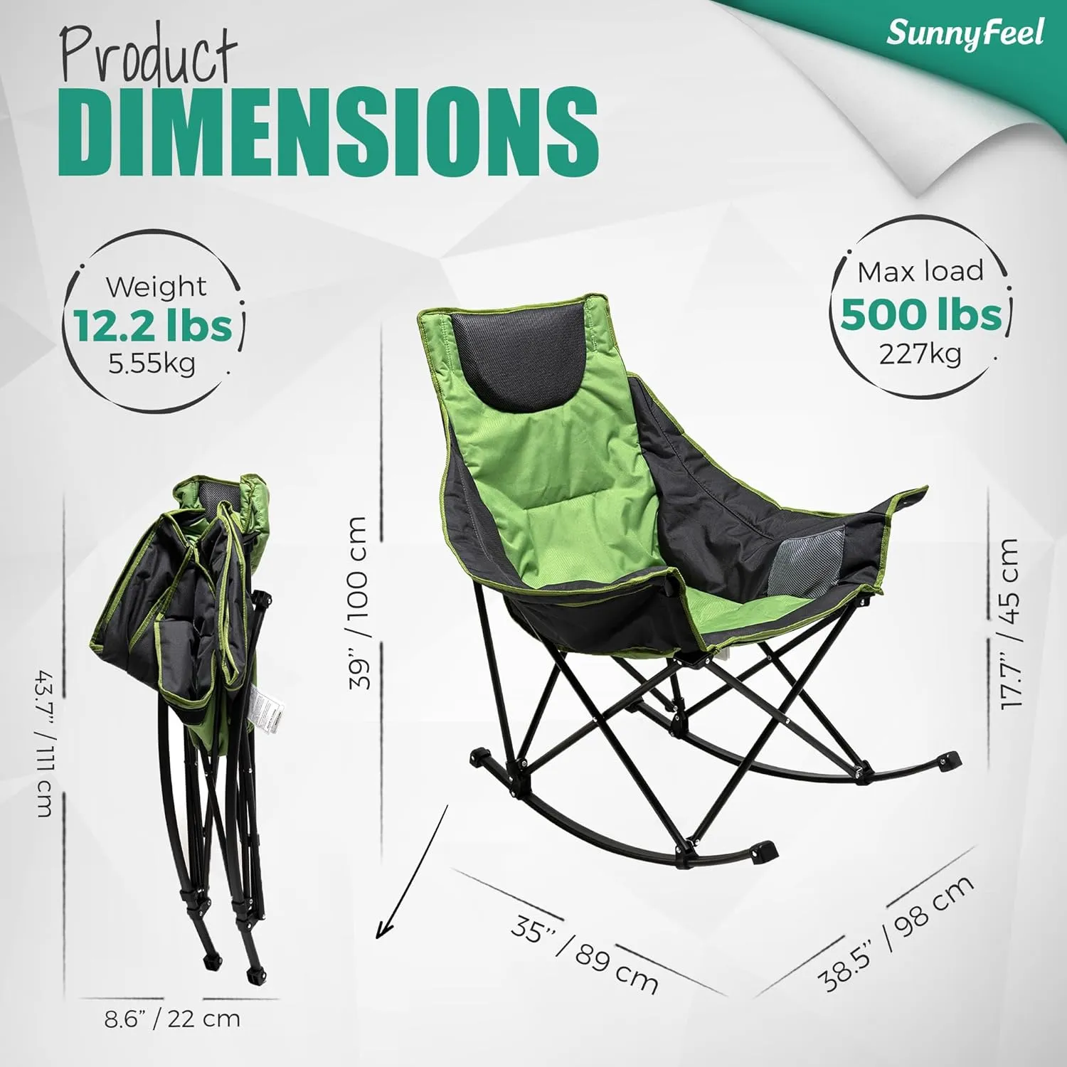 SUNNYFEEL Rocking Camping Chair 2 Pack, Luxury Padded Recliner, Oversized Folding Lawn Chair with Pocket, Heavy Duty for Outdoor/Picnic/Lounge/Patio, Portable Camp Rocker Chairs with Carry Bag
