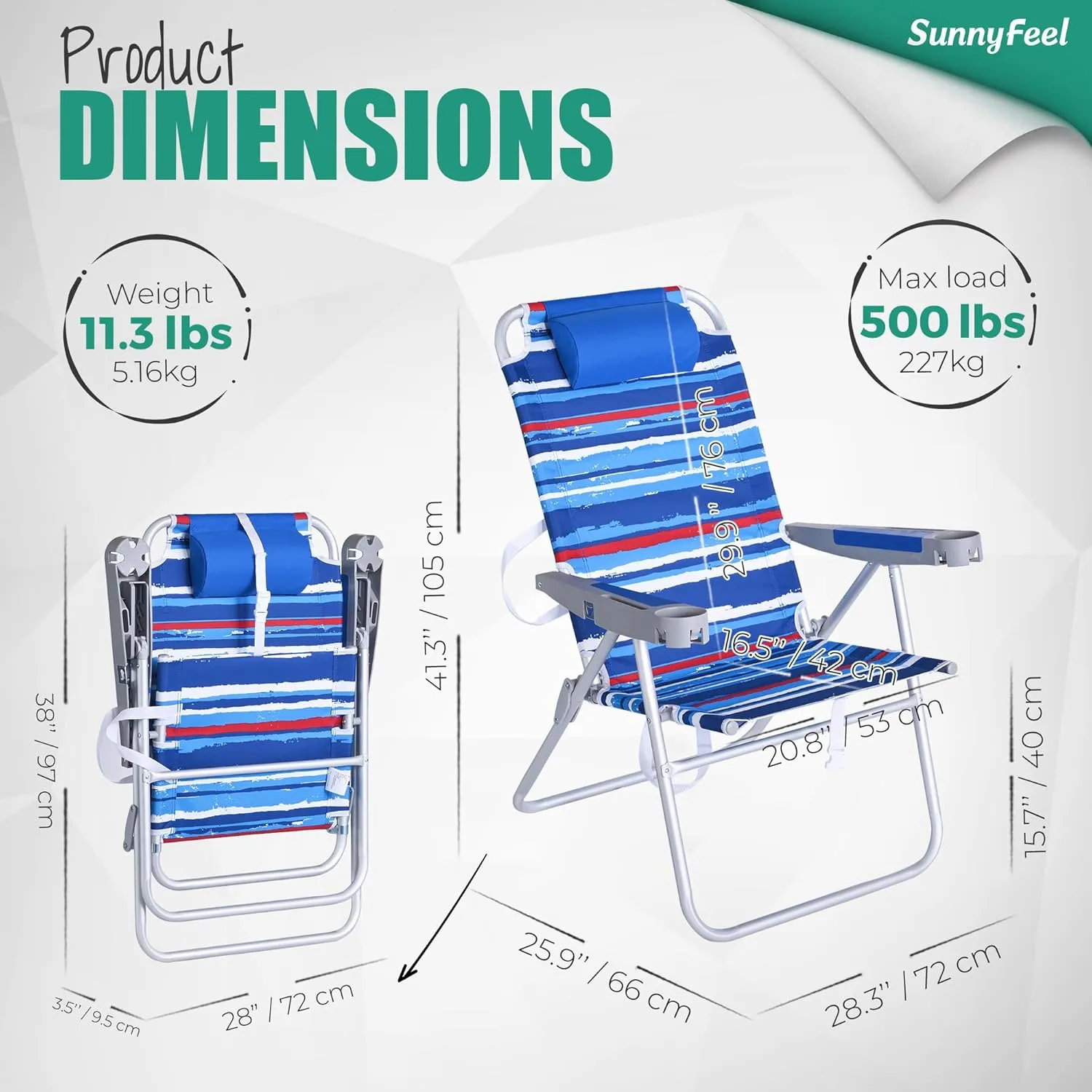 SUNNYFEEL Tall Folding Beach Chair Lightweight, Portable Sand Chair for Adults Heavy Duty 500 LBS with Cup Holders, Foldable High Camping Lawn Chairs for Camp/Outdoor/Picnic/Concert/Sports