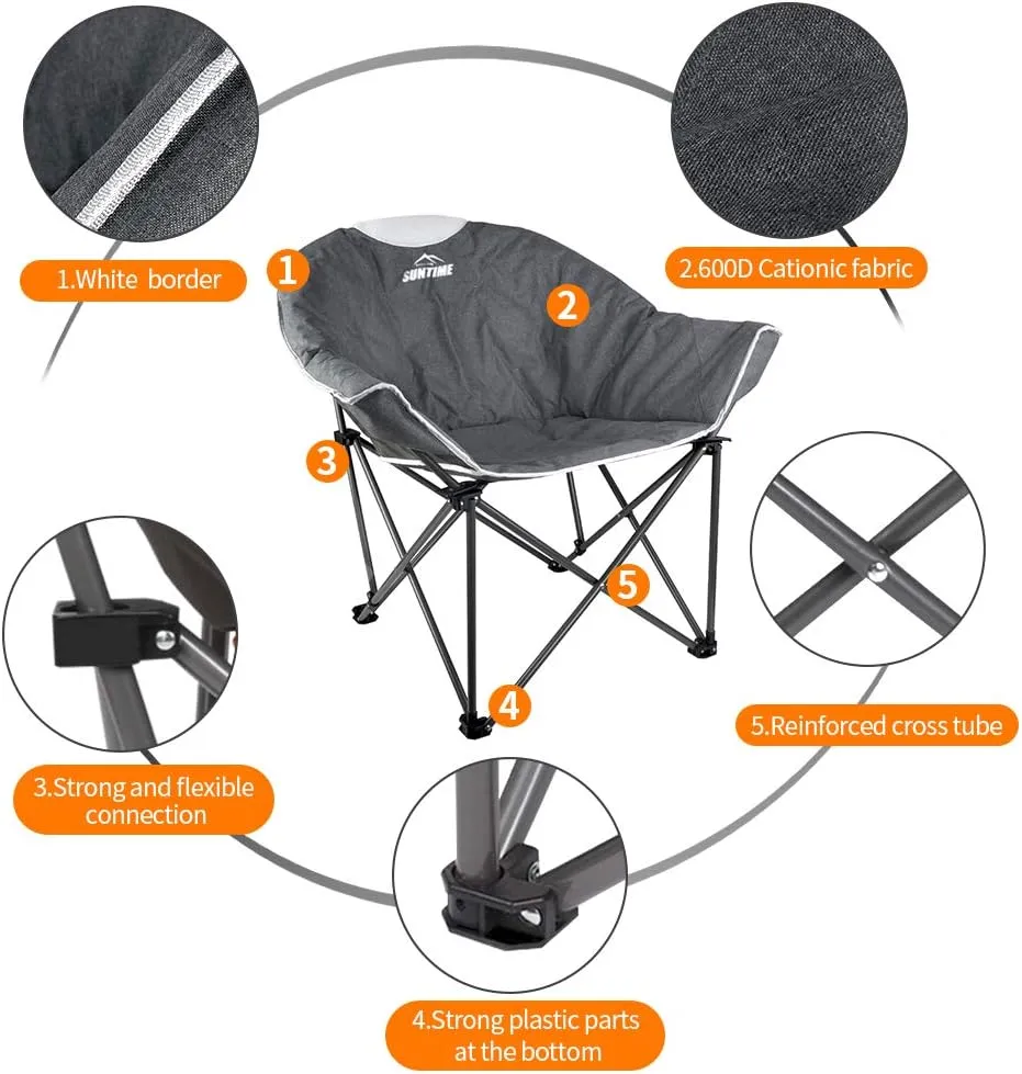 Suntime Sofa Chair, Oversize Padded Moon Leisure Portable Stable Comfortable Folding Chair for Camping, Hiking, Carry Bag(Grey 2 Pack)