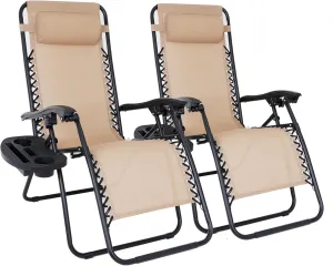 SUPER DEAL Zero Gravity Chair Set of 2 Folding Anti Gravity Recliner Outdoor Patio Beach Lounger Chair with Side Cup Holder Tray and Pillow for Patio, Poolside, Backyard, Deck, Heavy Duty Steel Frame