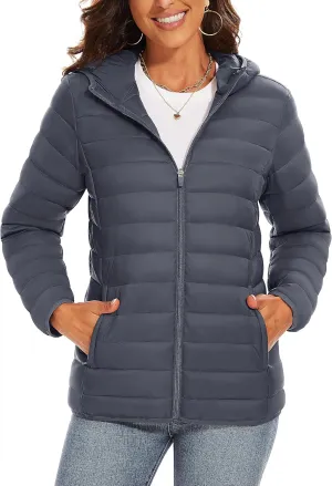 TACVASEN Women's Lightweight Puffer Jacket with Hood Pockets Quilted Padded Full-zip Winter Coat