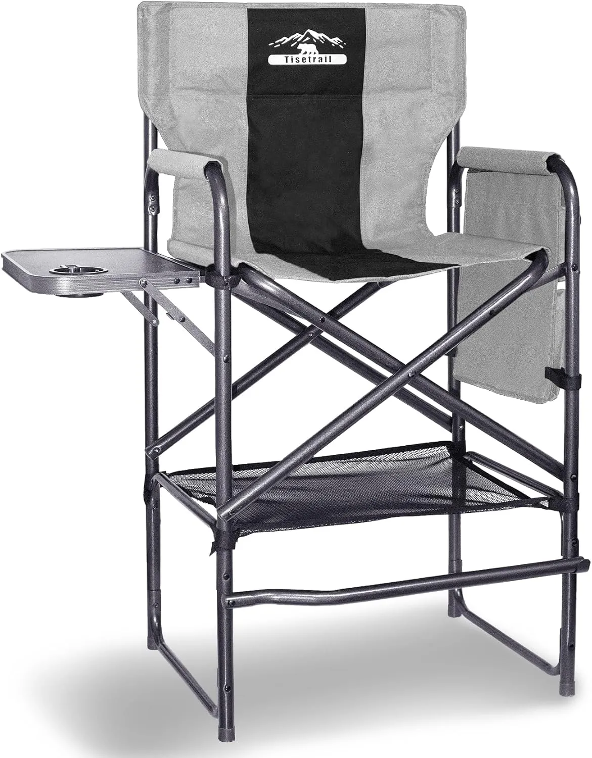 Tall Directors Chair 30" Seat Height, Bar Height Folding Chair with Side Table, Foldable Camping Chair with Side Pocket for Makeup Artist, Sports Event, Supports 400LBS - Black/Gray