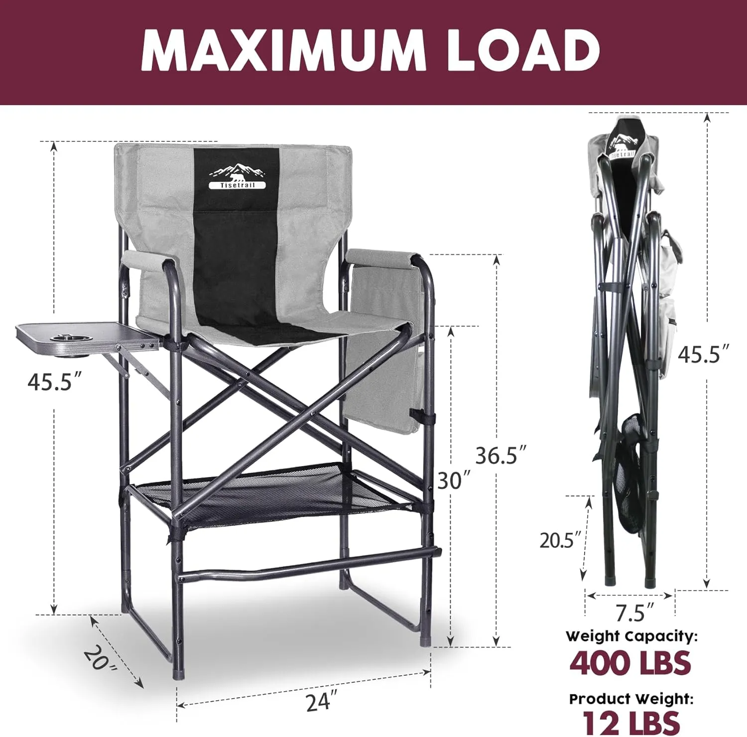 Tall Directors Chair 30" Seat Height, Bar Height Folding Chair with Side Table, Foldable Camping Chair with Side Pocket for Makeup Artist, Sports Event, Supports 400LBS - Black/Gray