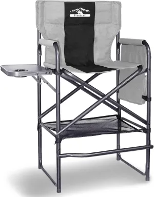 Tall Directors Chair 30" Seat Height, Bar Height Folding Chair with Side Table, Foldable Camping Chair with Side Pocket for Makeup Artist, Sports Event, Supports 400LBS - Black/Gray